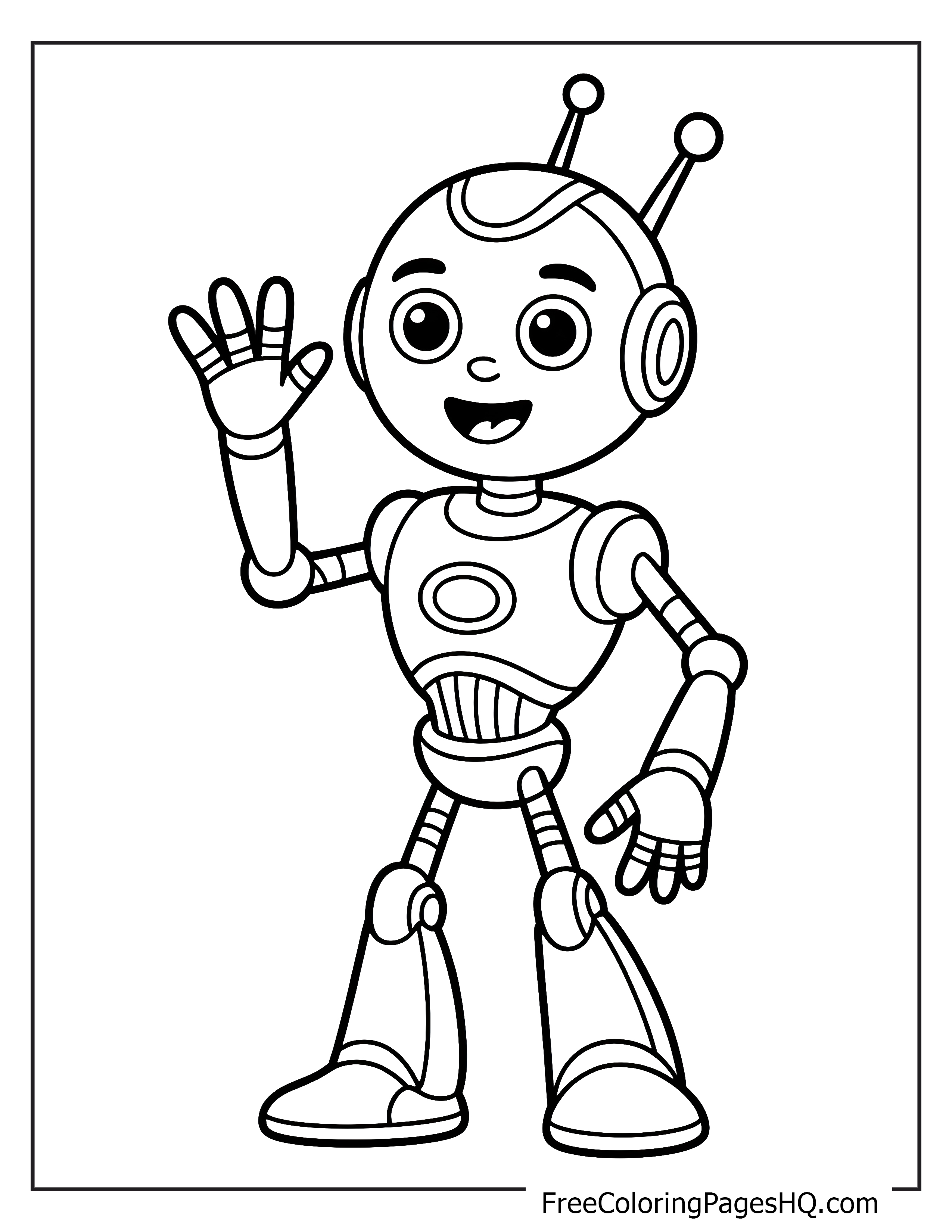 A cheerful robot waves with a big smile and bright eyes.