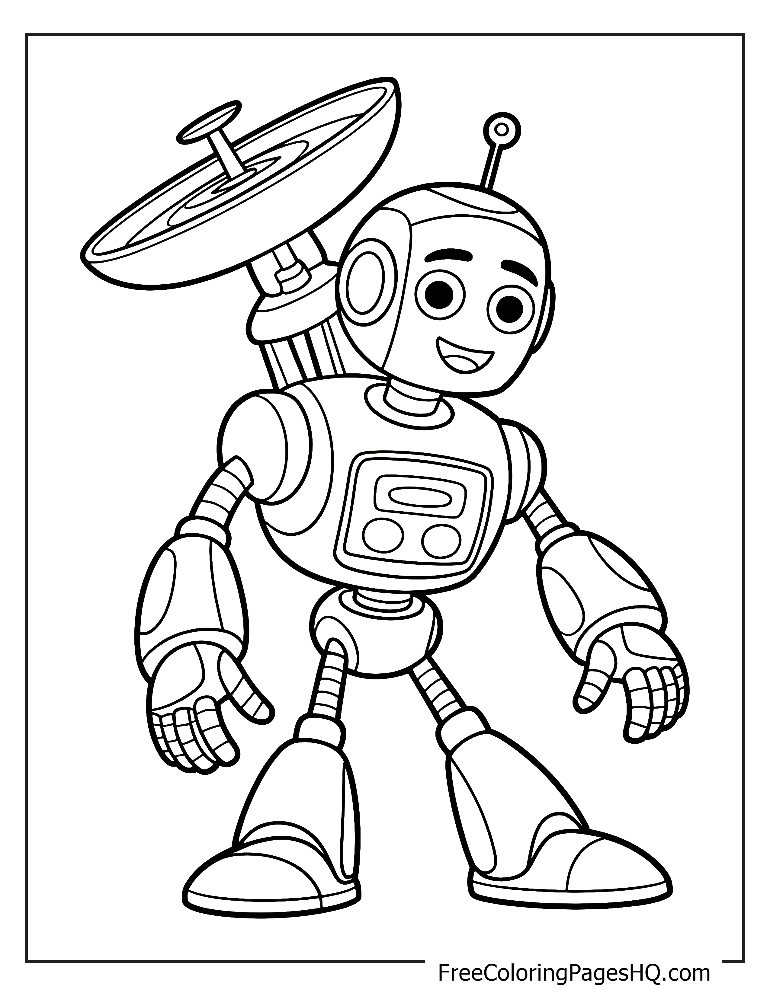 Smiling robot equipped with a satellite dish poses happily.