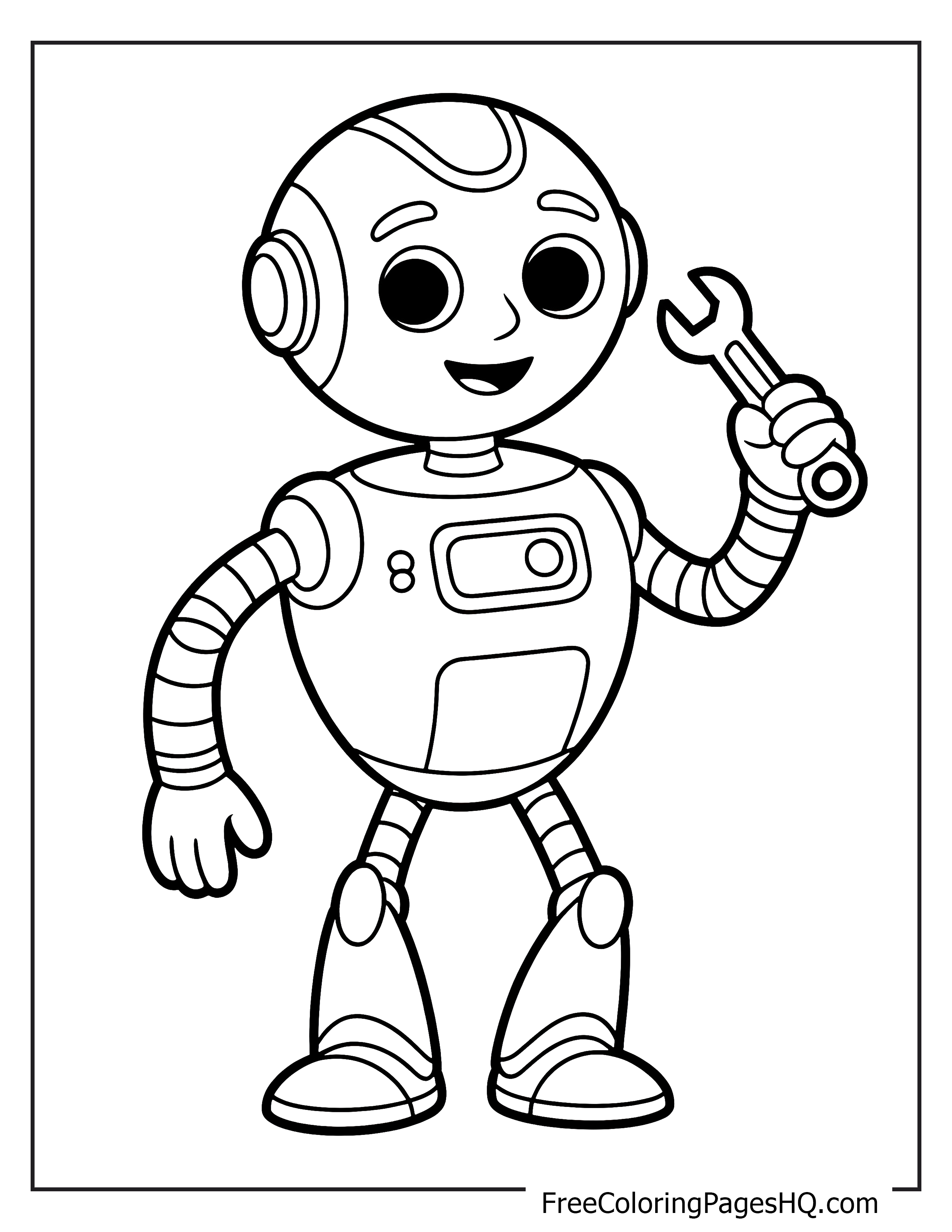 A cheerful robot holding a wrench with a big smile.