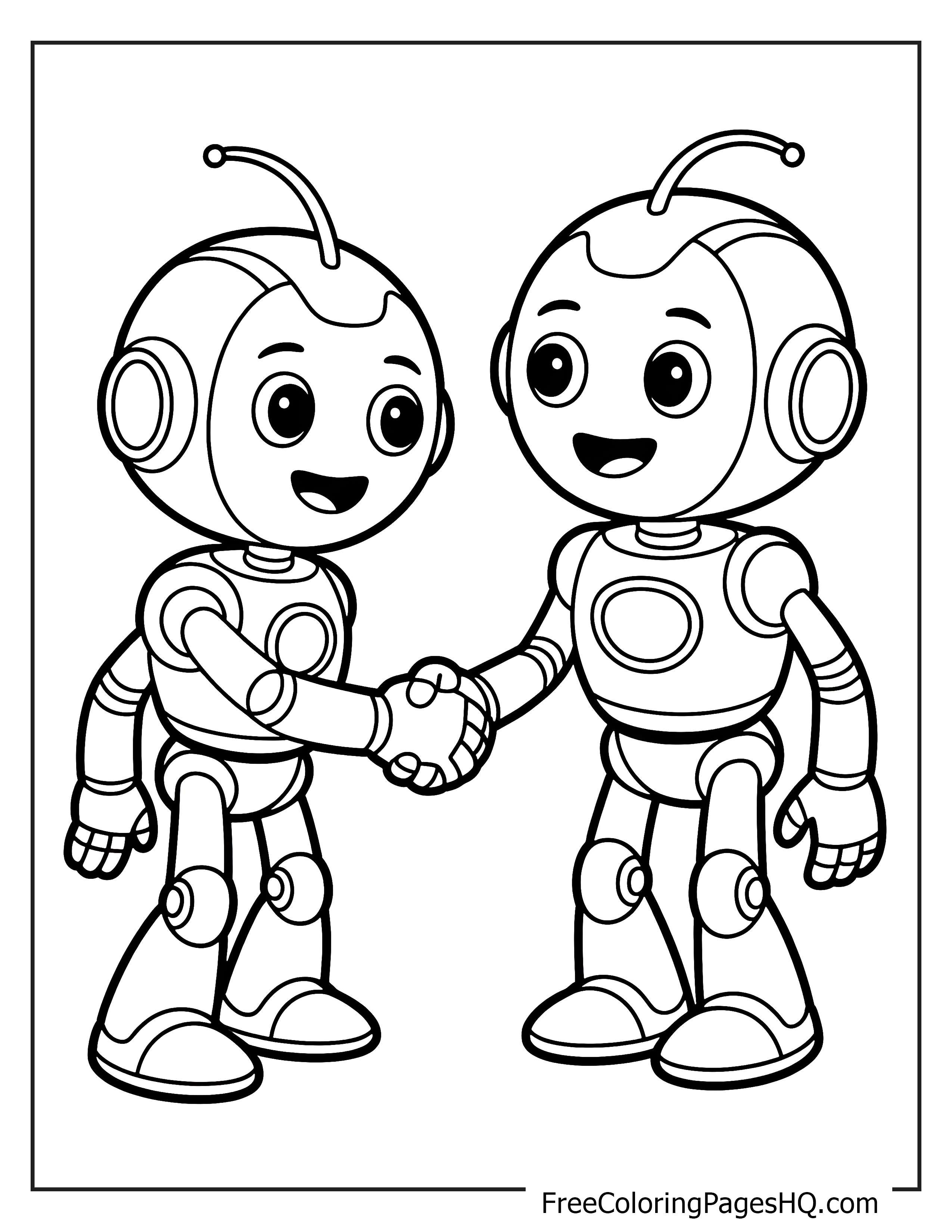 Two happy robots shaking hands, antennas raised.