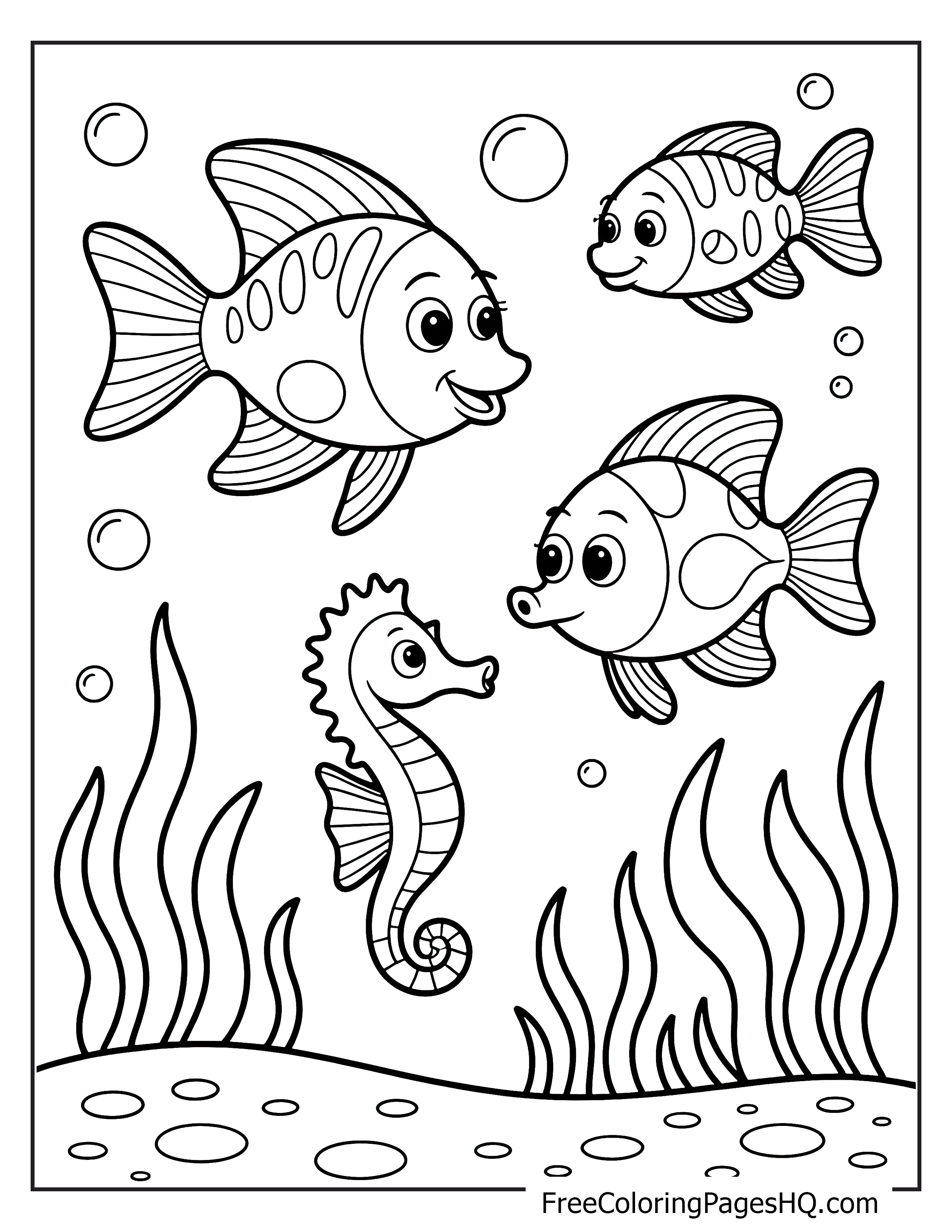 Underwater marine life featuring fish and a seahorse.