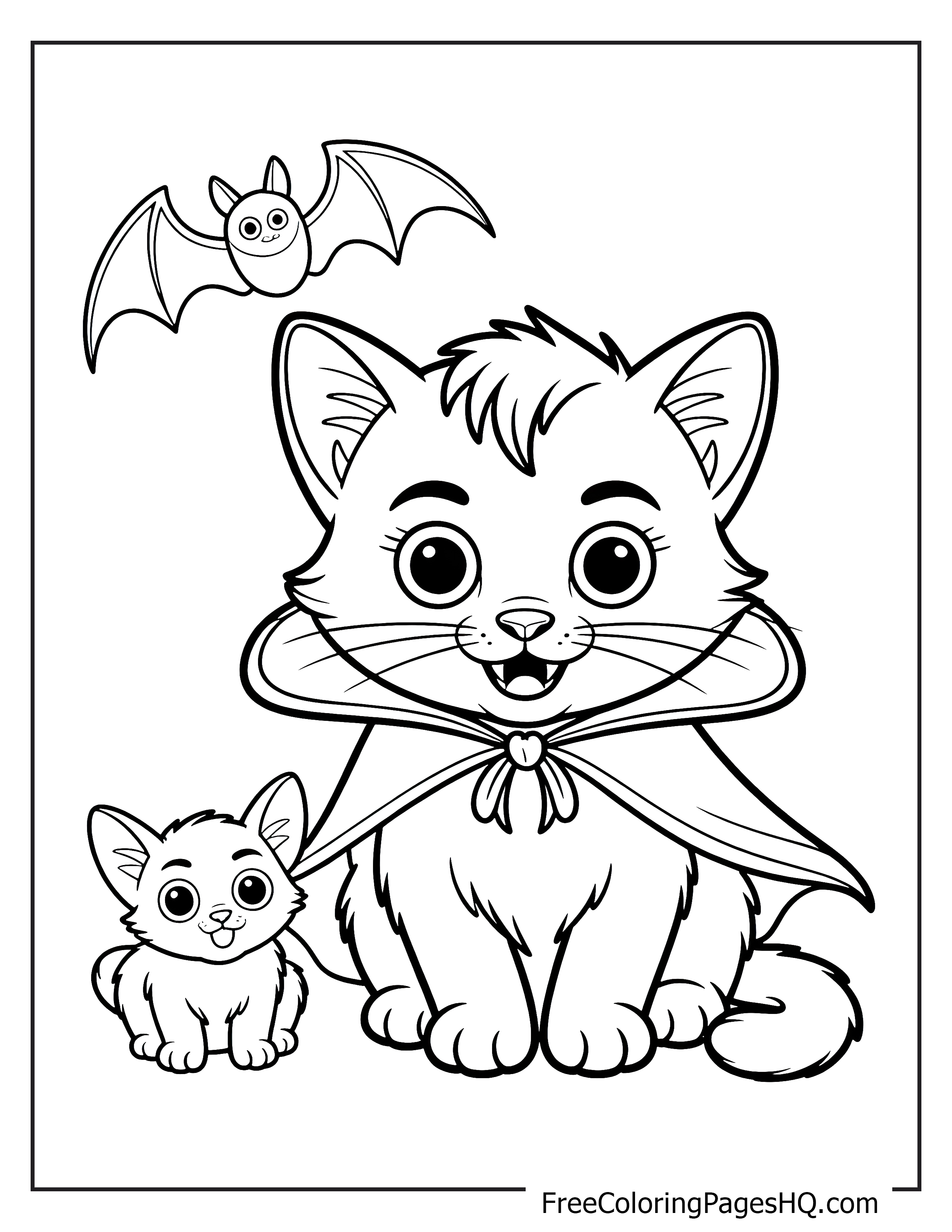 Vampire cat and bat illustration with playful expressions.