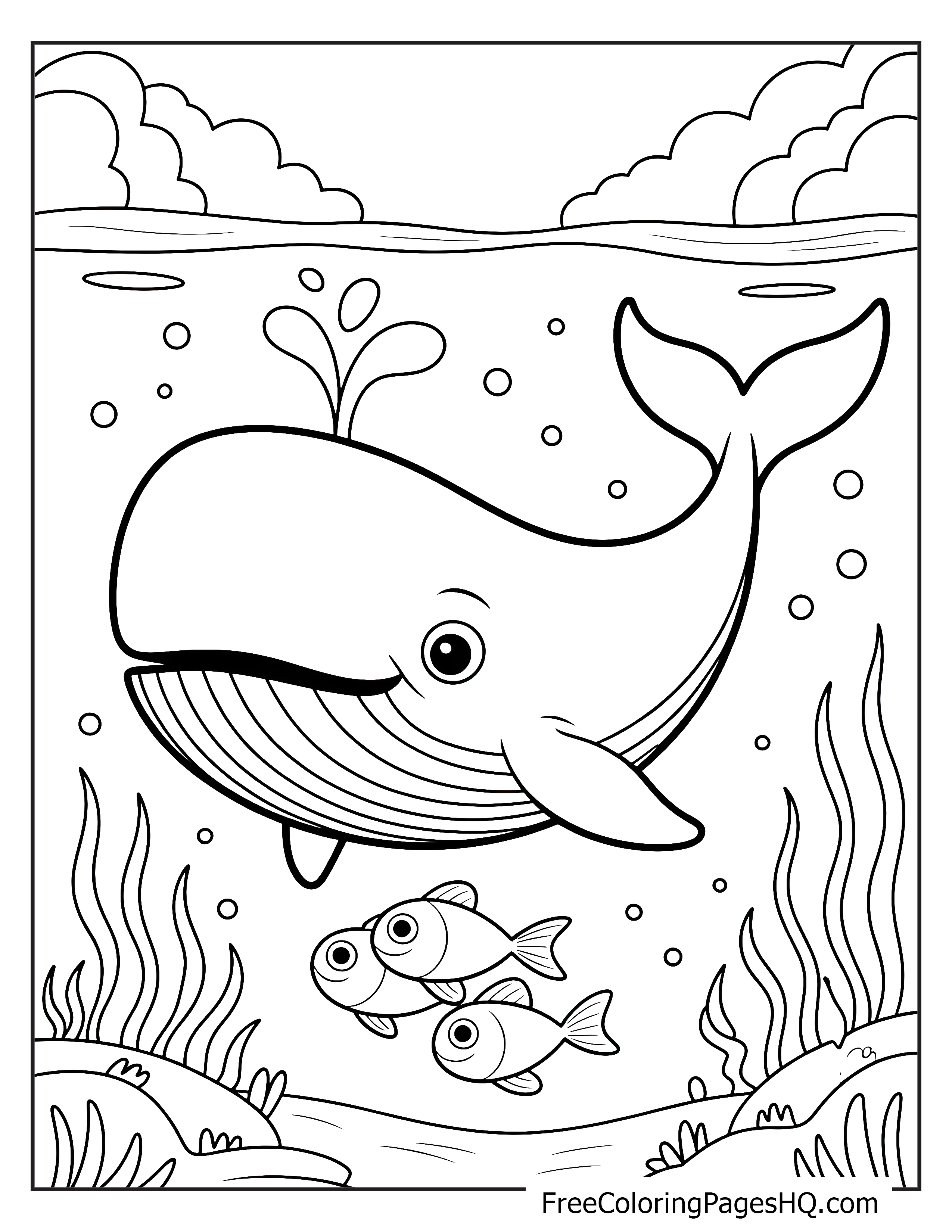 Whale swimming with two fish in the ocean, surrounded by sea plants.