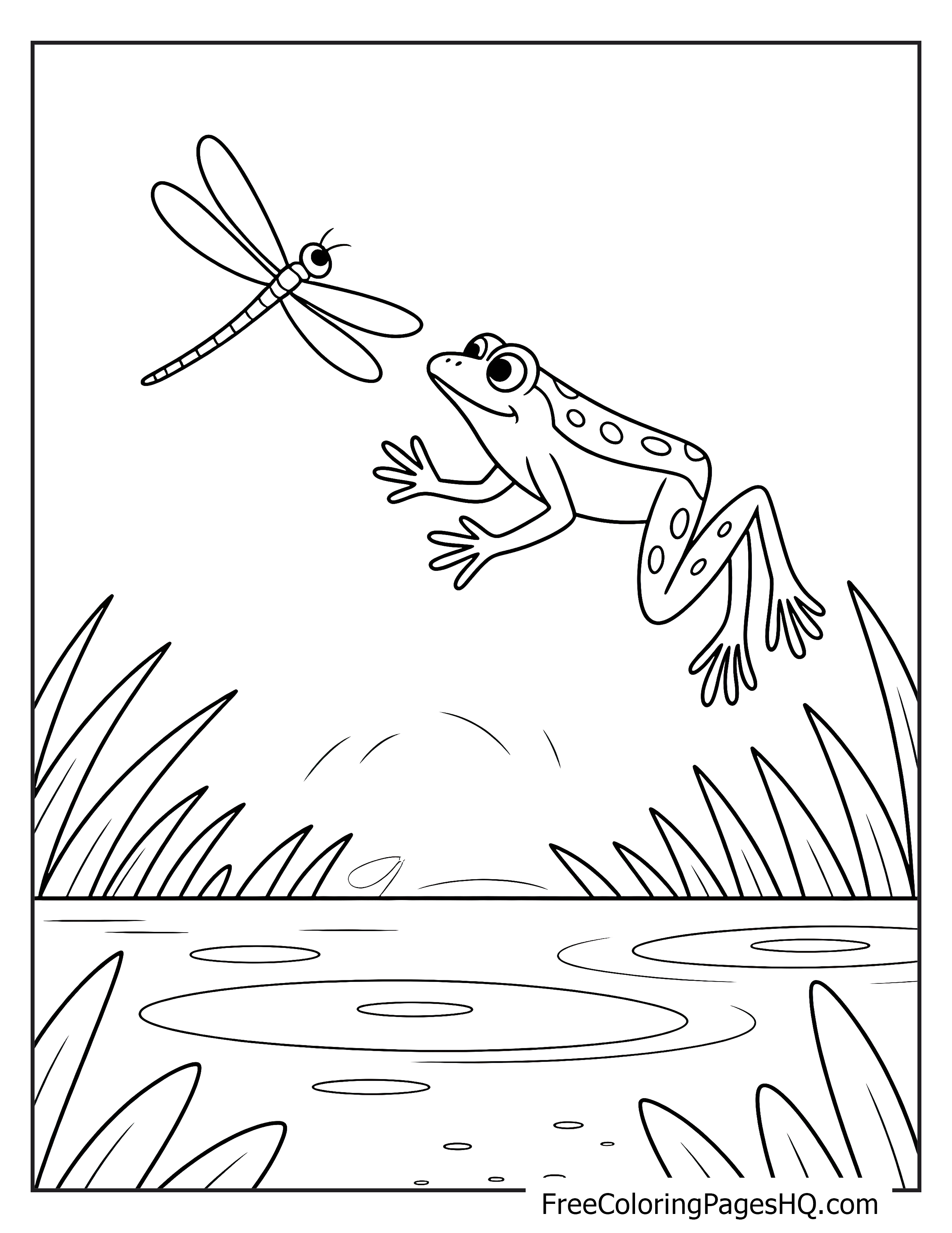 Frog jumping toward a dragonfly above a pond surrounded by grass.
