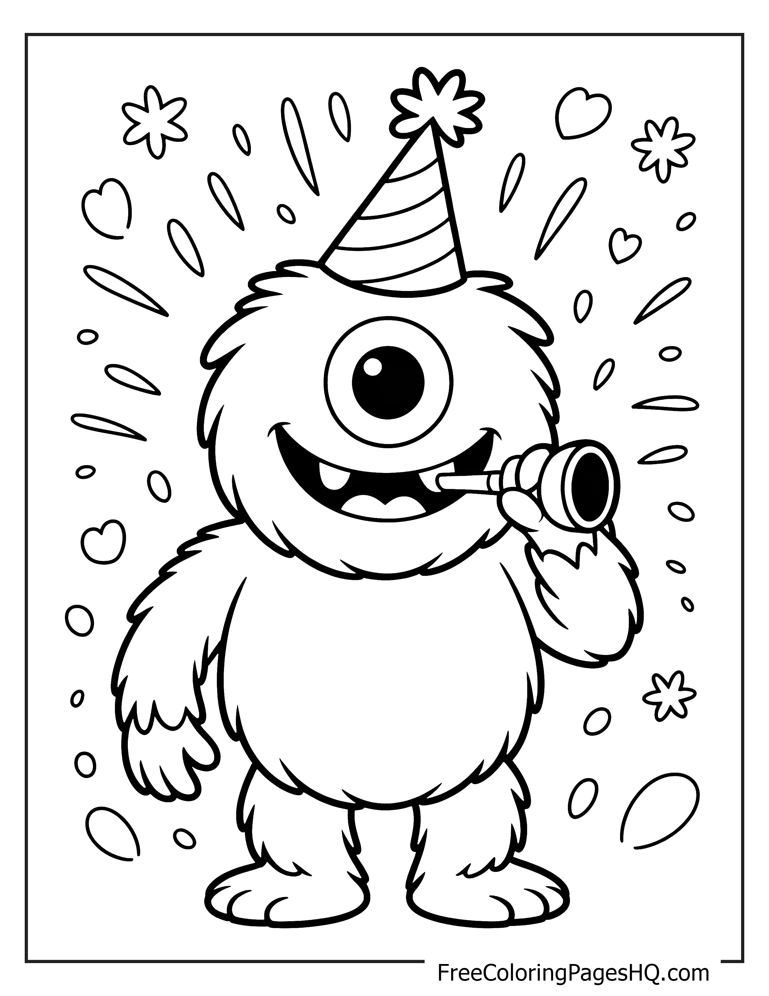 A happy, fluffy monster wearing a party hat and using a noisemaker, surrounded by confetti.