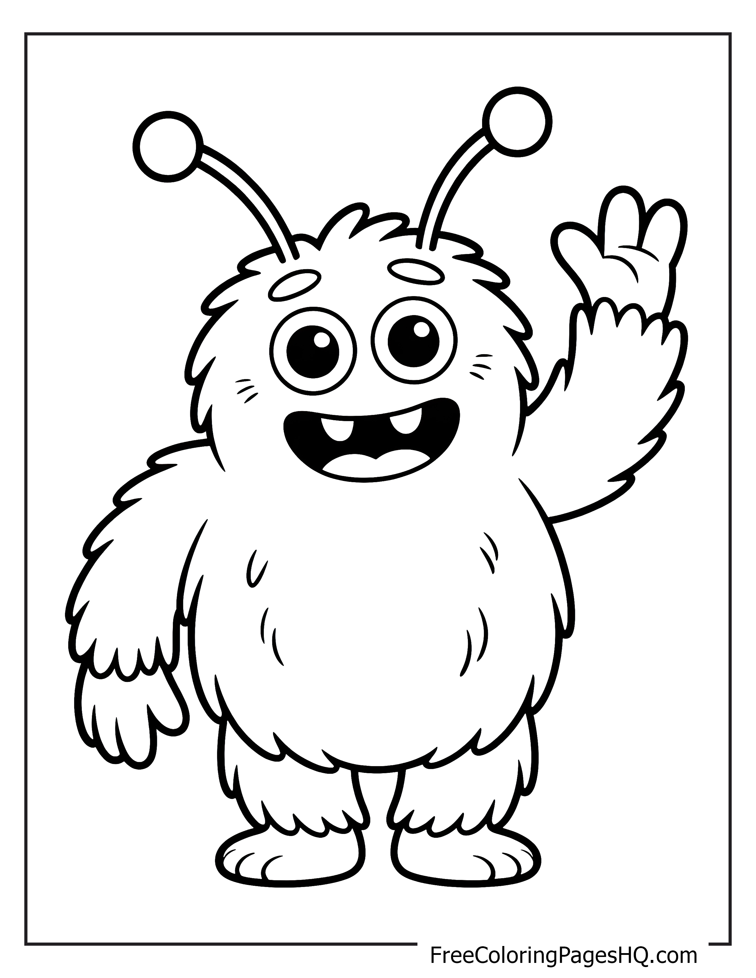 A friendly alien with fuzzy fur waves happily, showing big eyes and antennae.