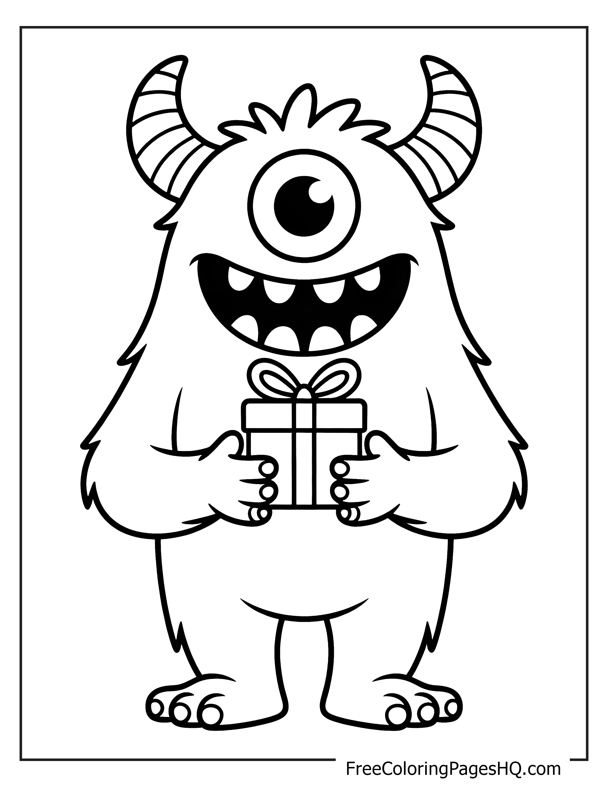A smiling, one-eyed monster holding a gift box.