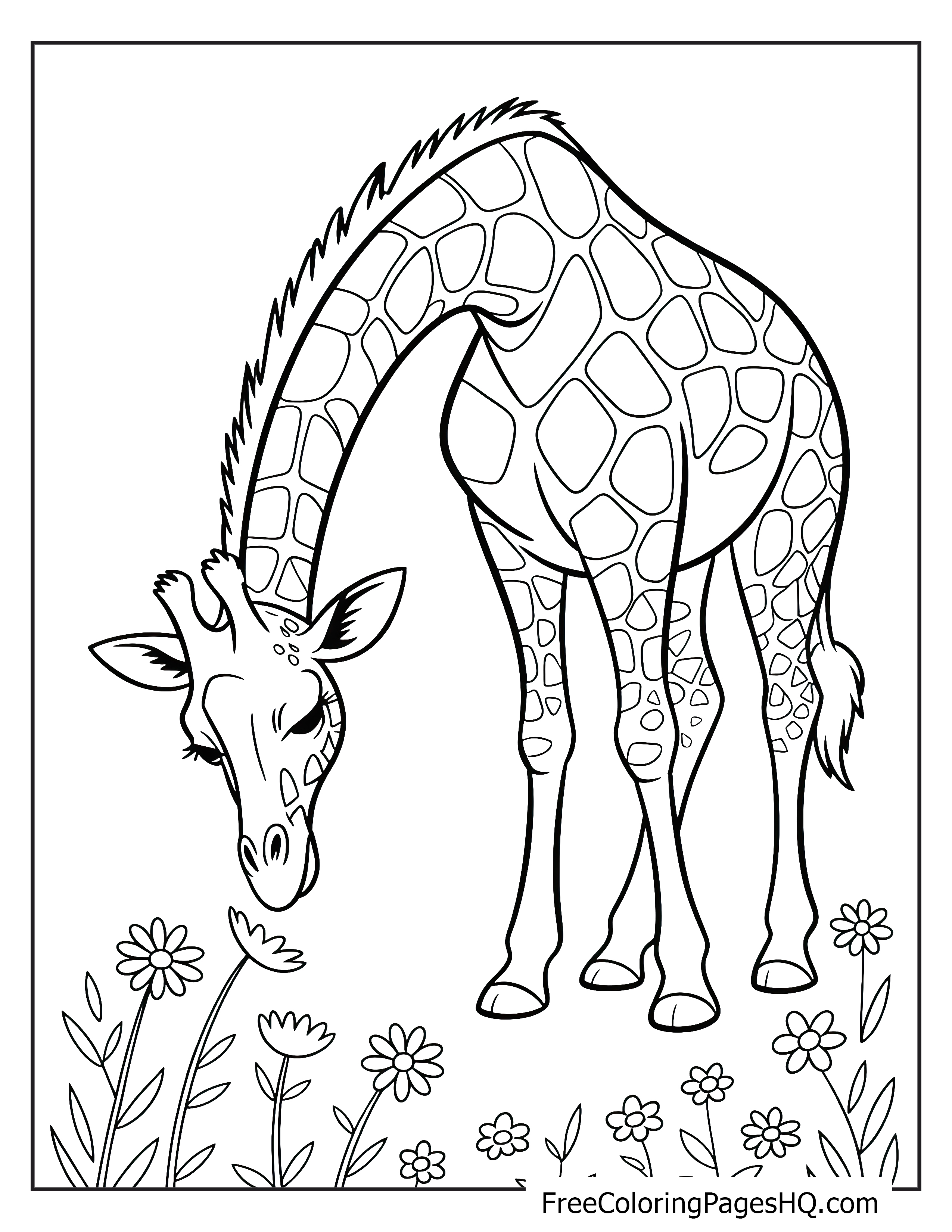 A giraffe bending to smell flowers in a bright meadow.