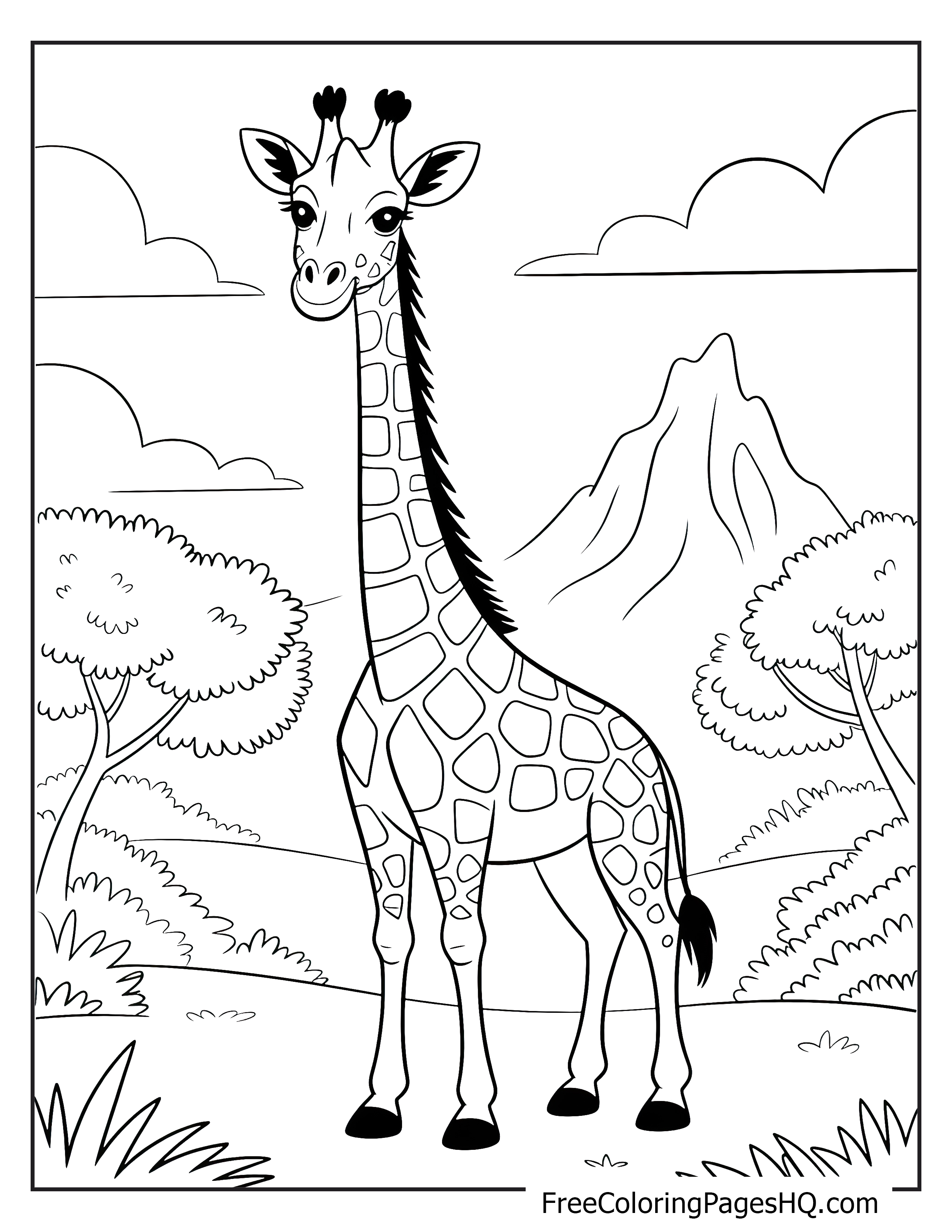 A tall giraffe stands in a meadow with mountains and trees in the background.