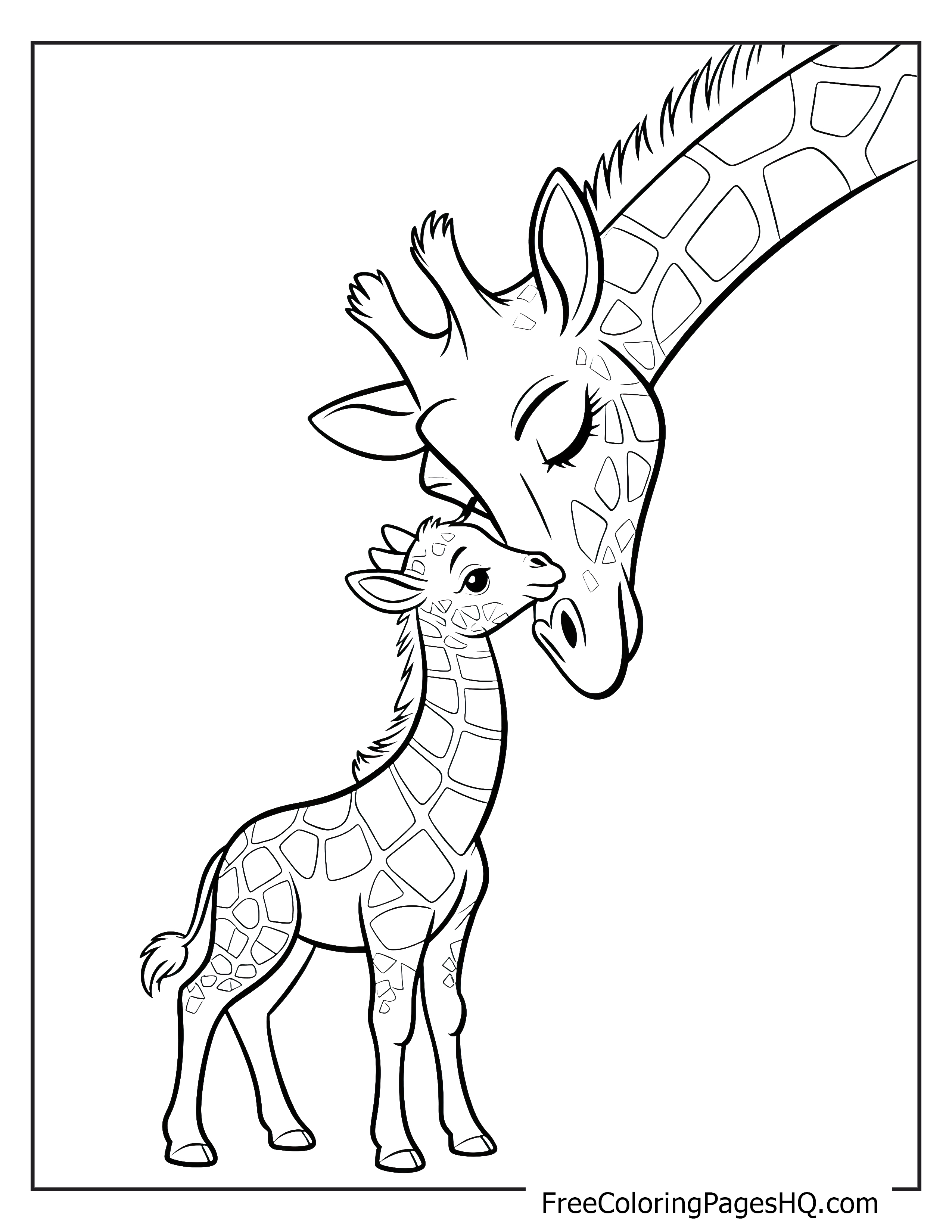 A mother giraffe lovingly nuzzles her calf in the savanna.