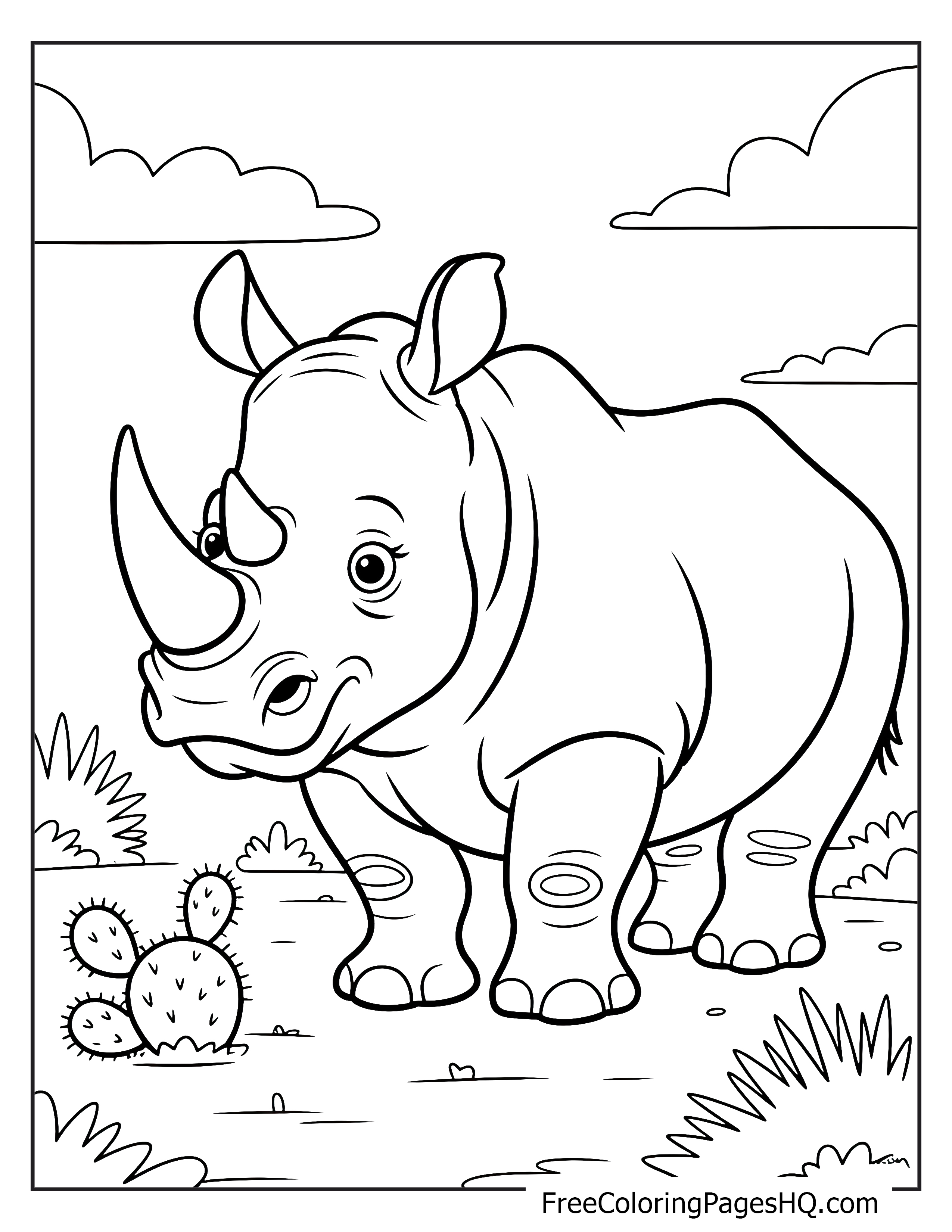 A friendly rhinoceros beside a cactus in a sunny savanna.