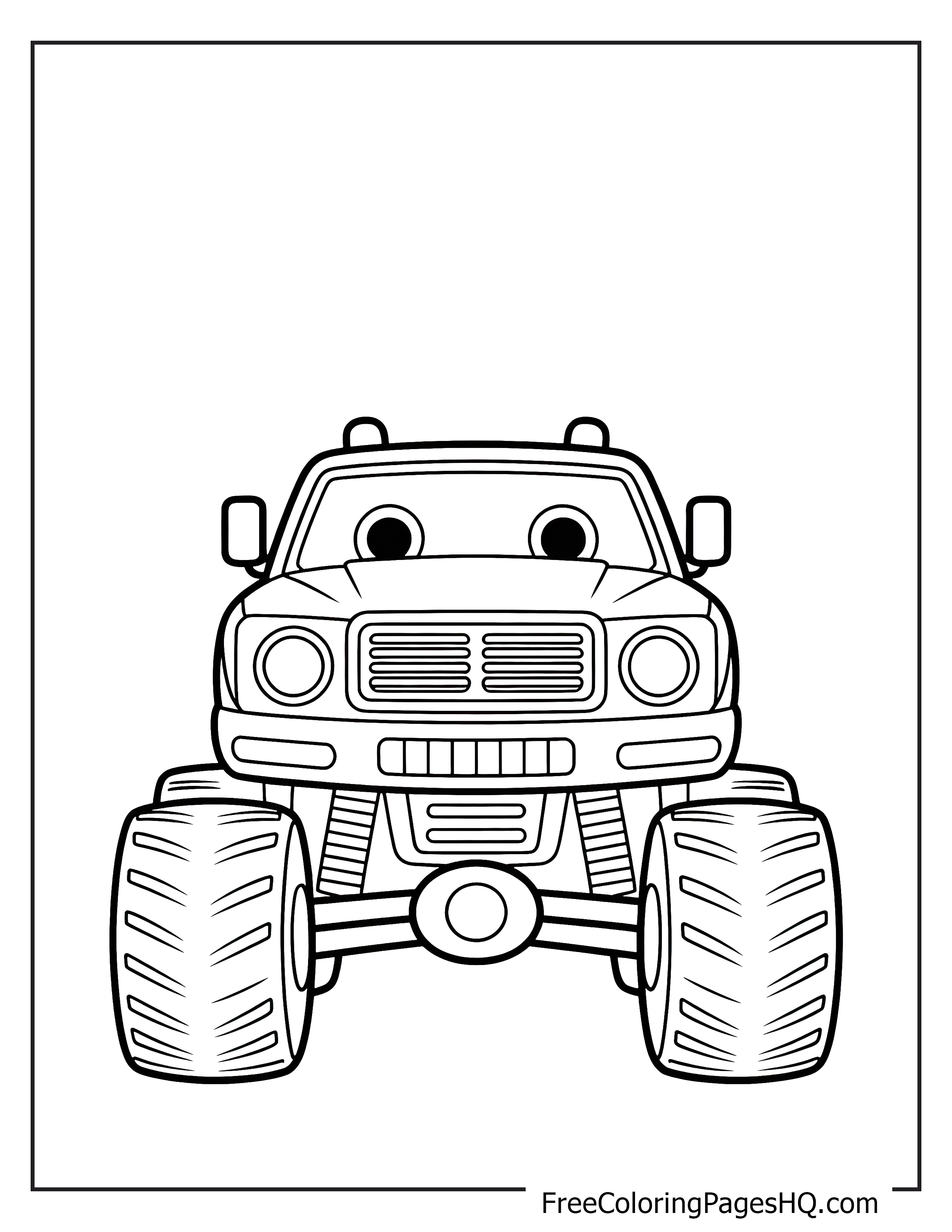 Cartoon monster truck with expressive eyes and large wheels.