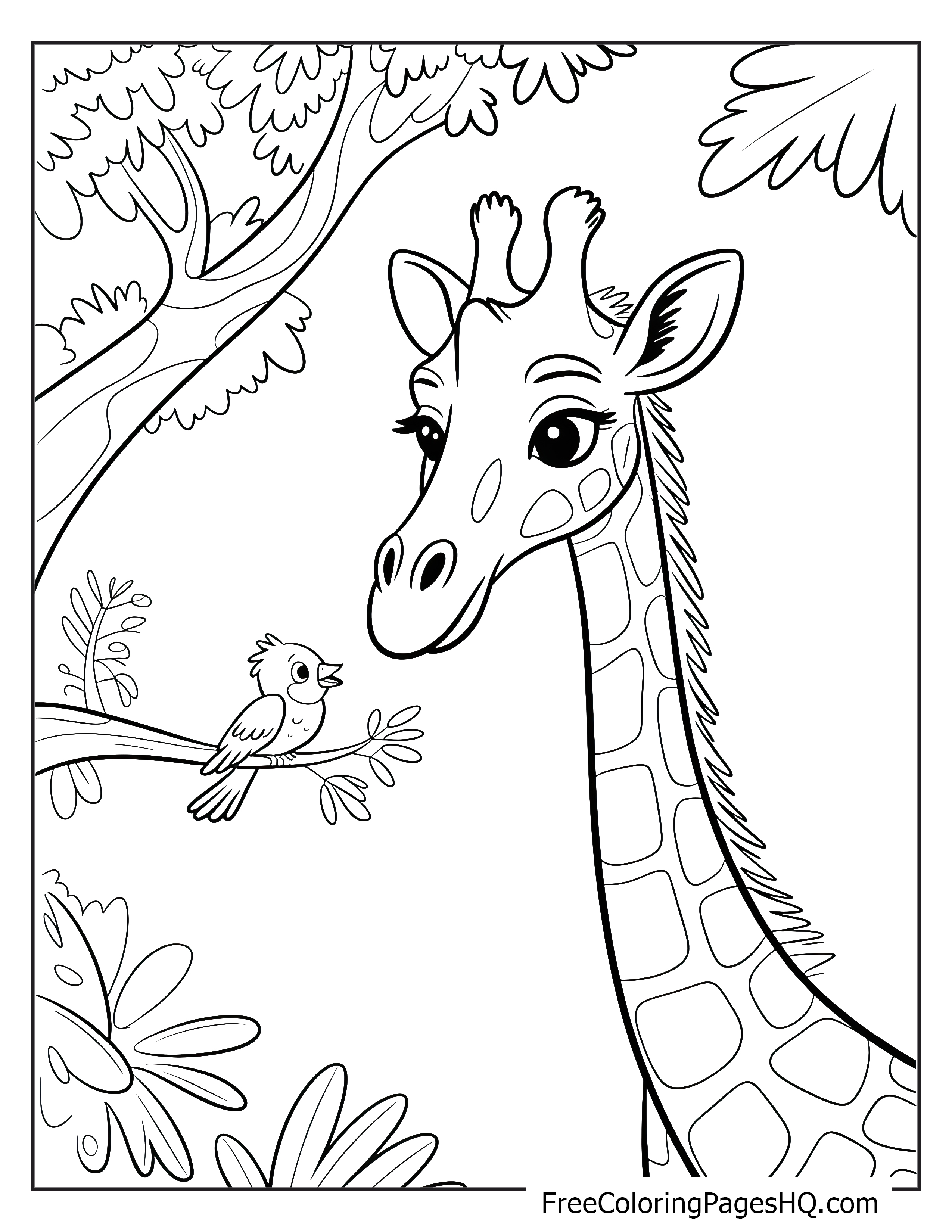 A giraffe and a bird surrounded by trees and leaves.