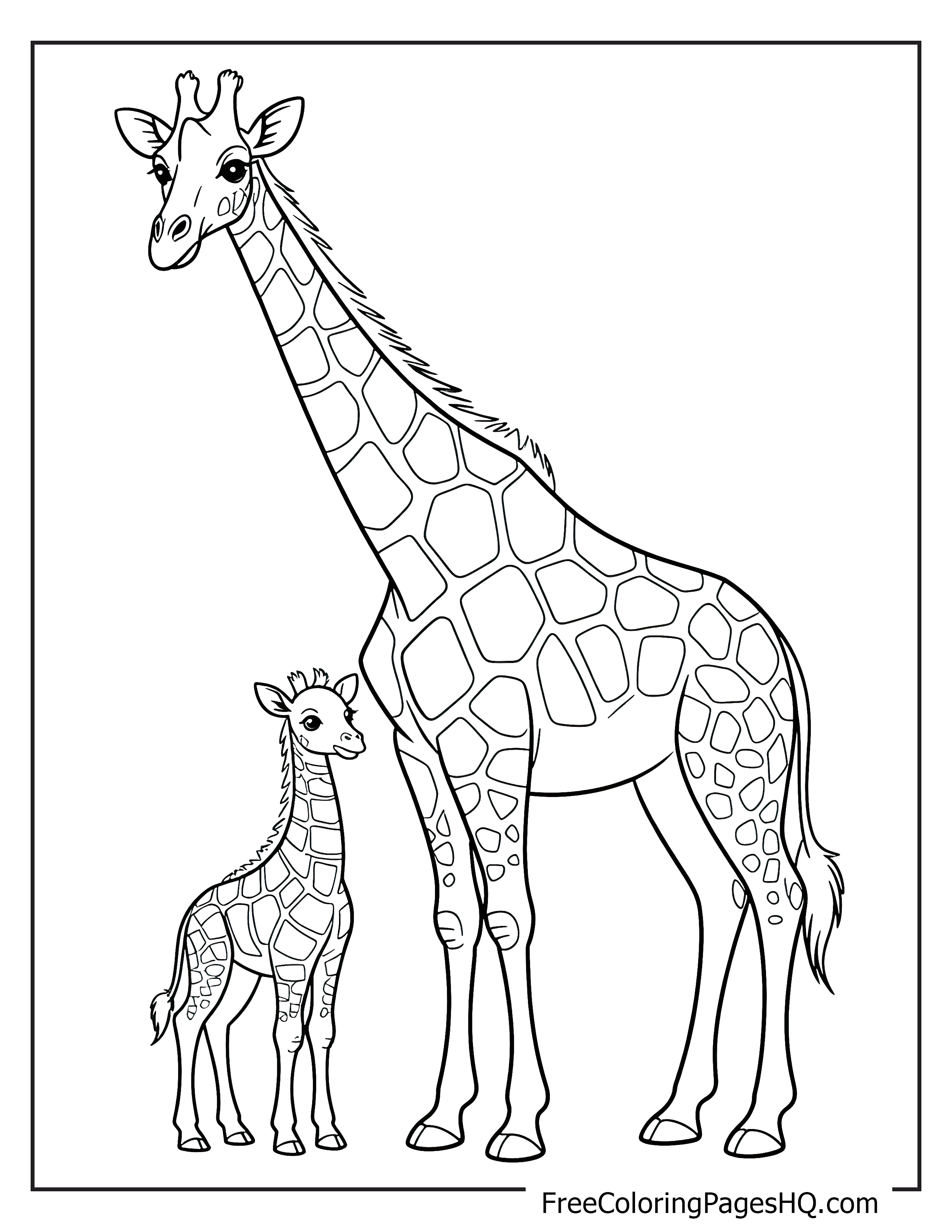 A large giraffe stands beside its adorable calf, both looking forward.