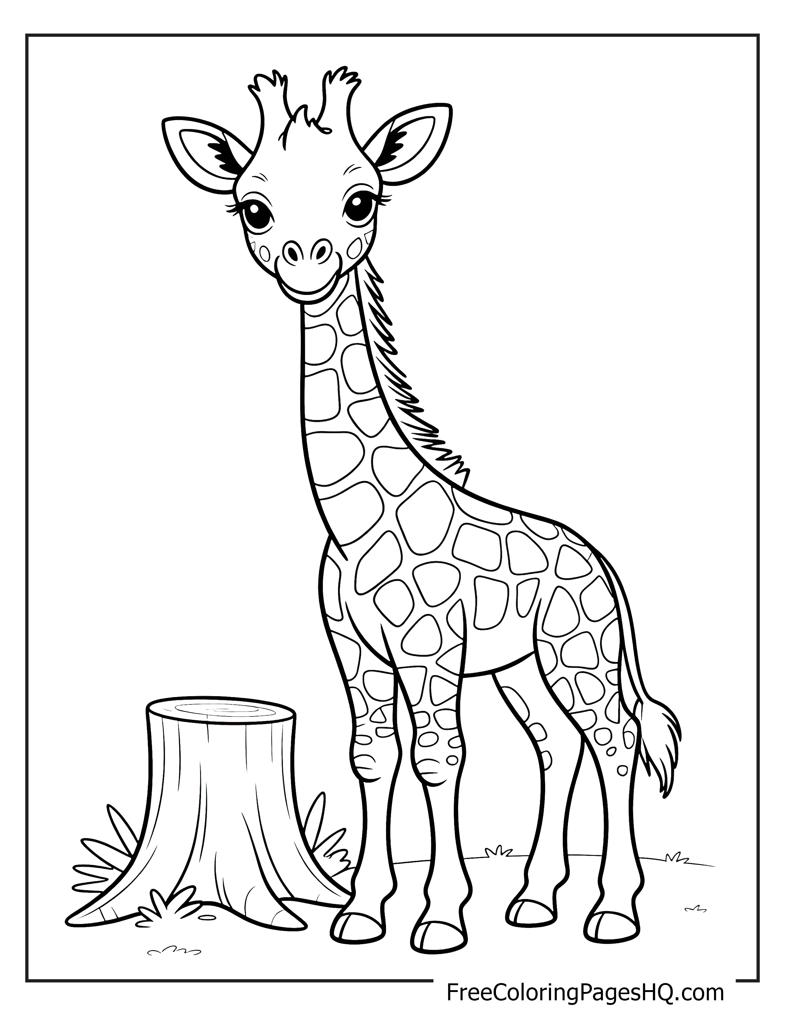 A giraffe stands next to a tree stump, surrounded by grass.
