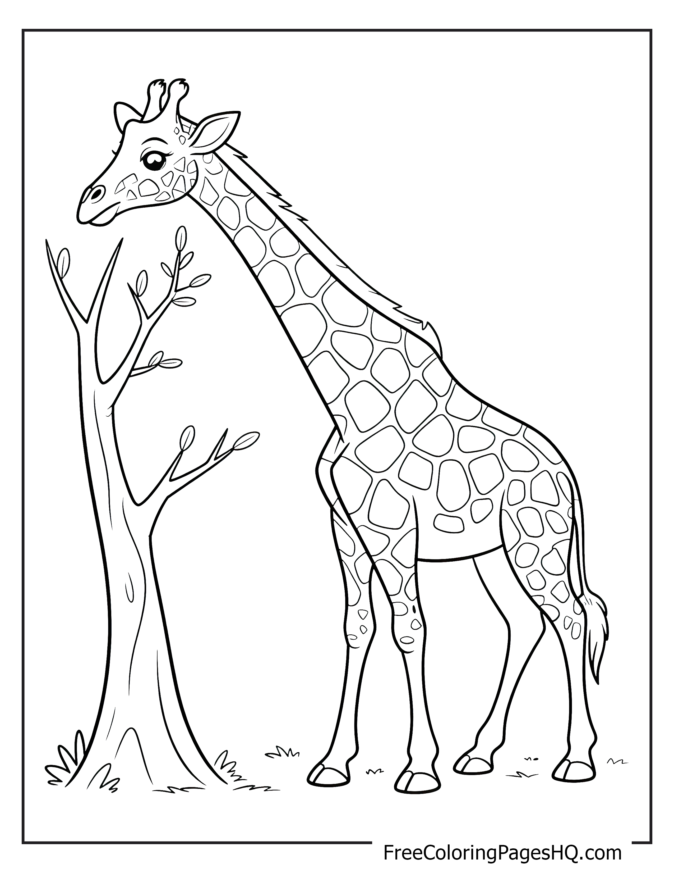 A giraffe reaches for leaves on a tree with its long neck.