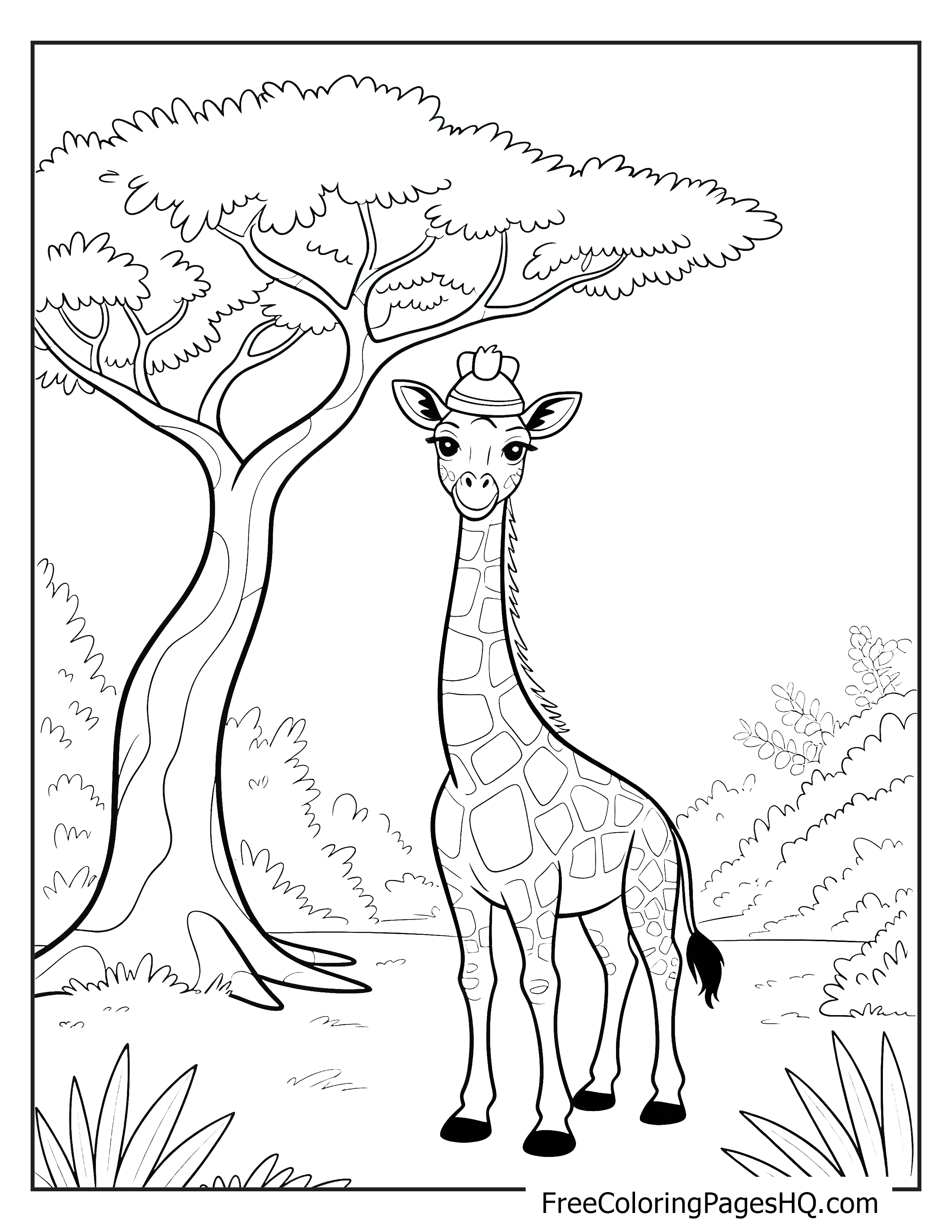 A giraffe with a hat standing under an acacia tree in the savanna.