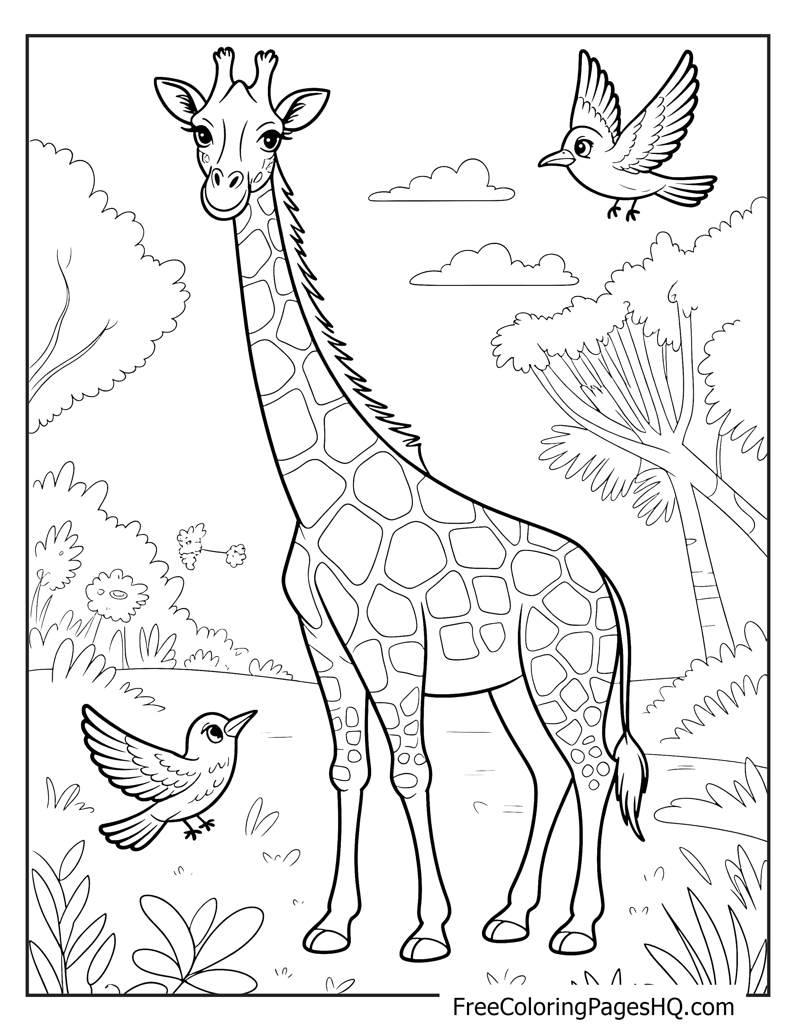 A giraffe stands in the jungle as two birds fly around it.
