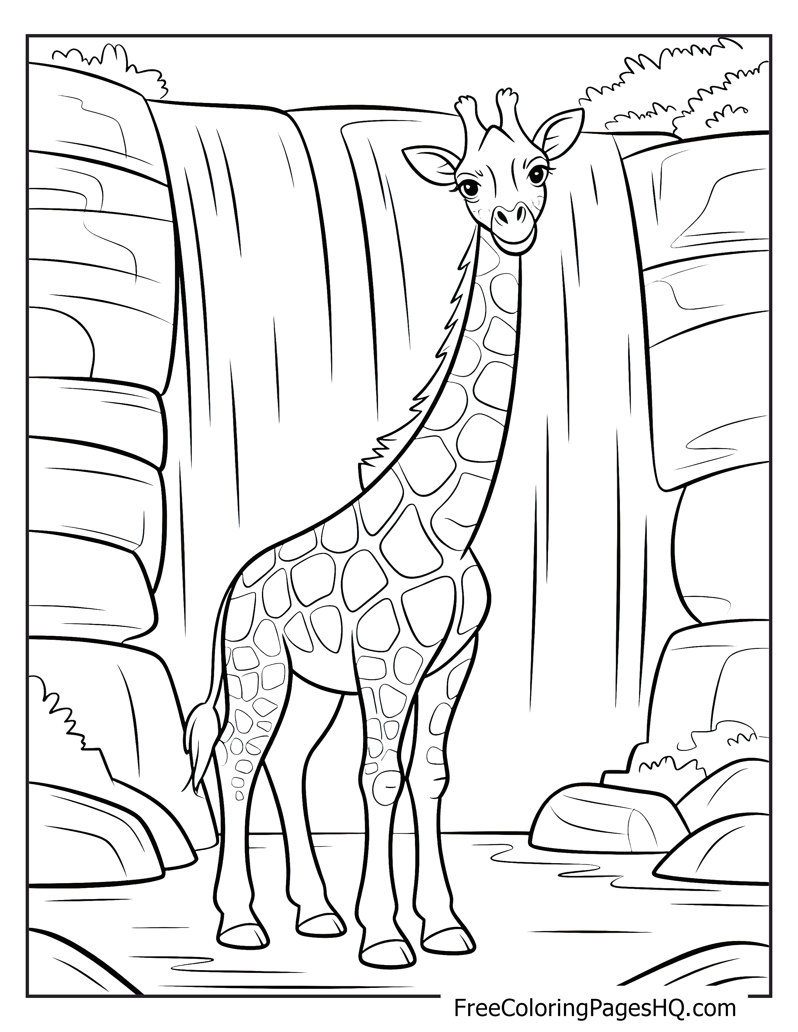 A giraffe stands near a waterfall with rocks and plants around.