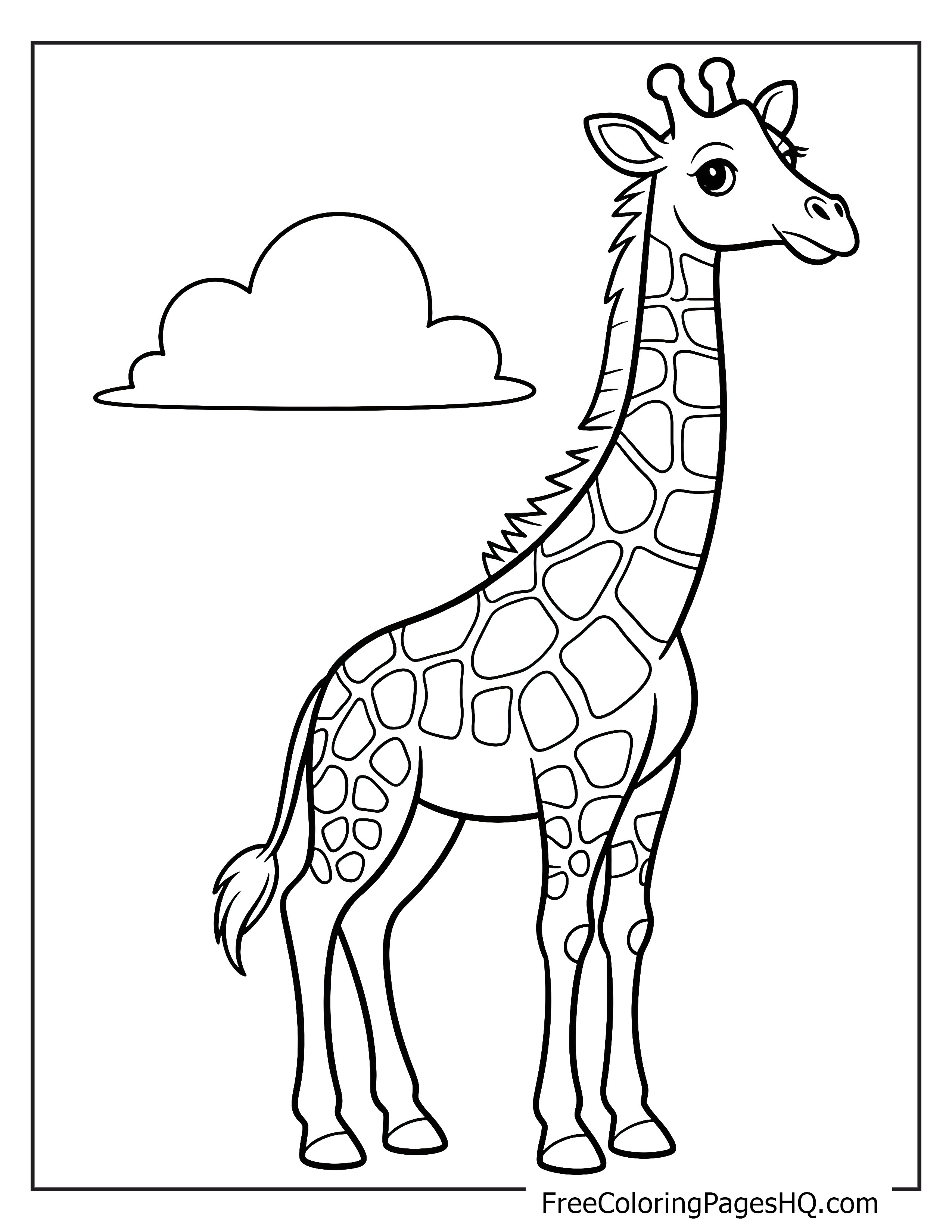 A giraffe standing under a cloud, appearing cheerful and calm.