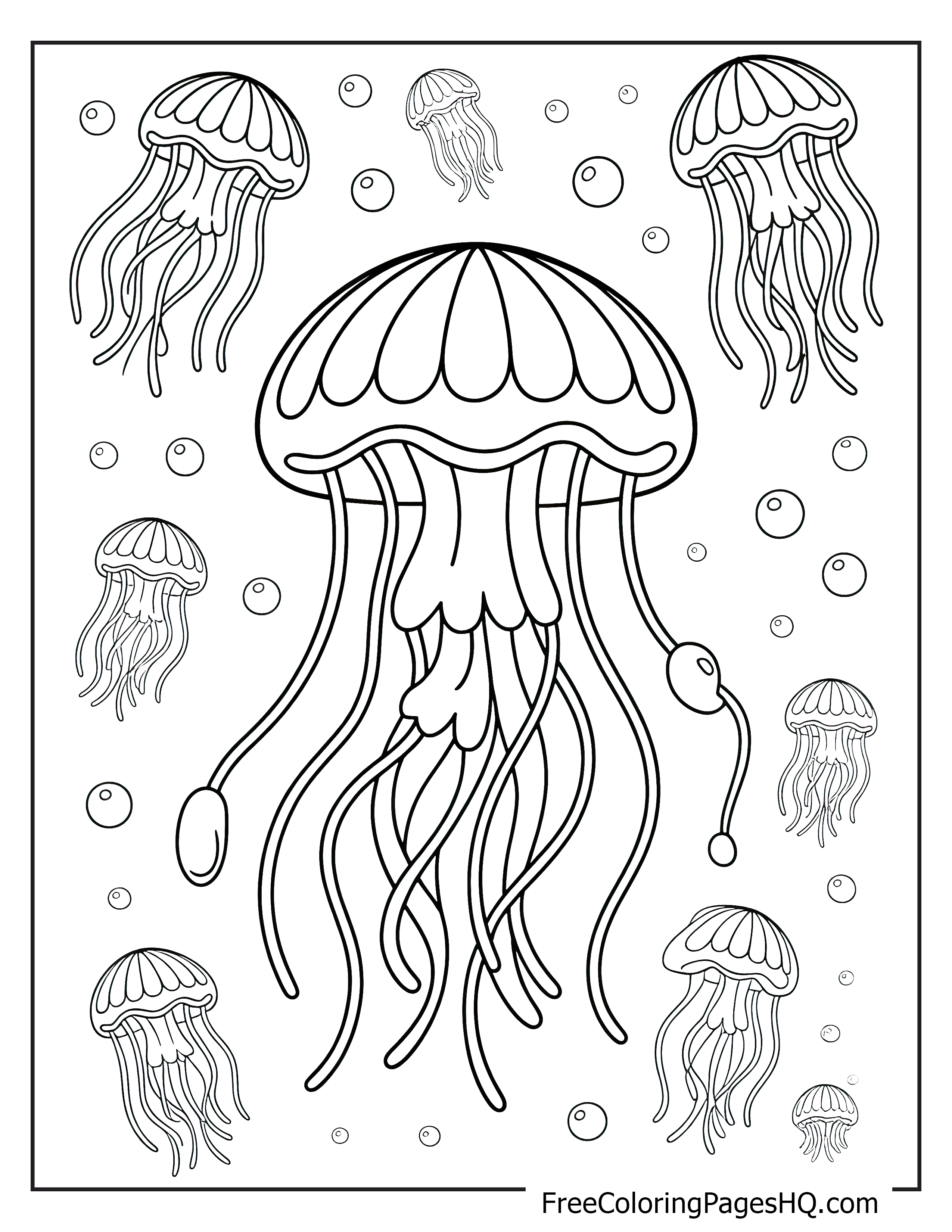 Several jellyfish gracefully drifting with bubbles around them.