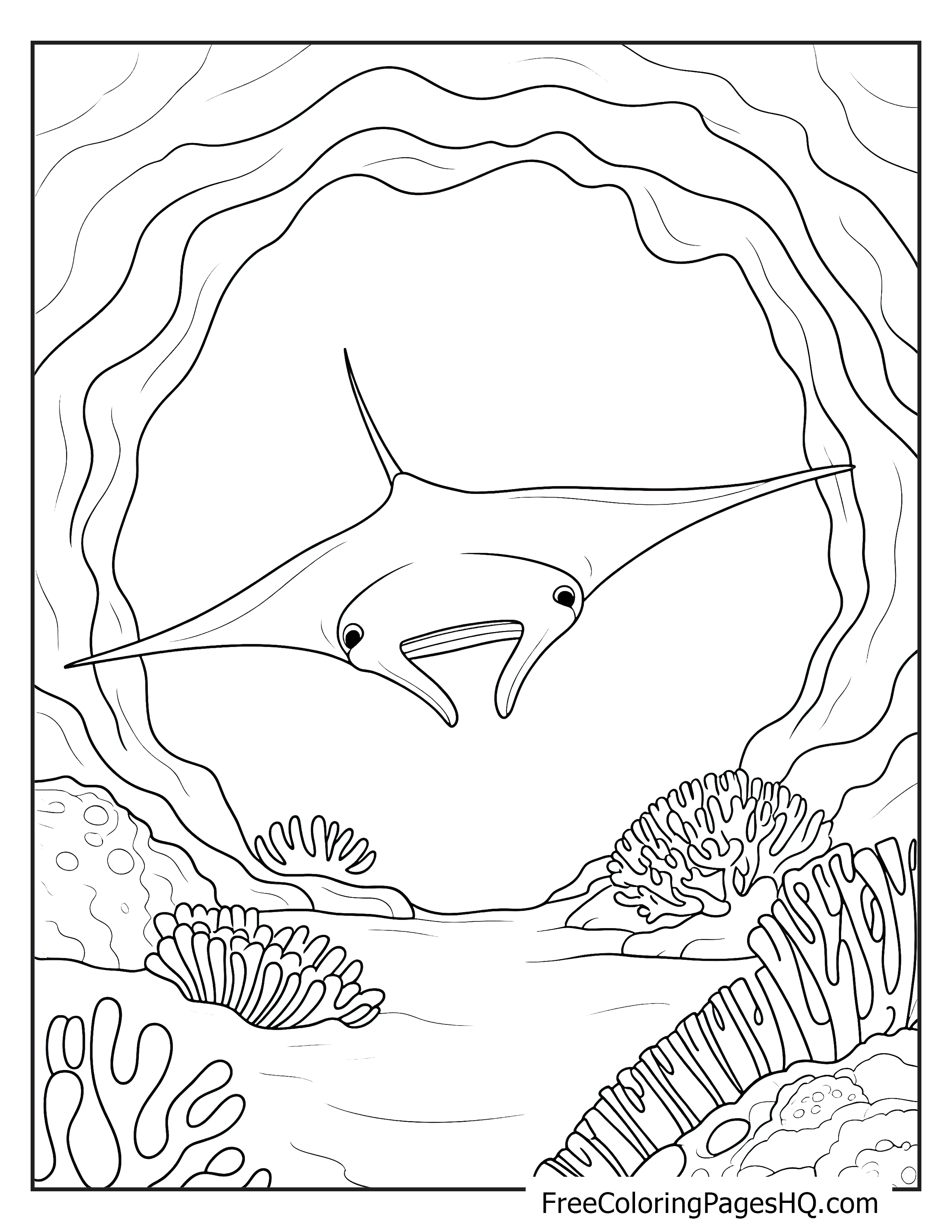 A manta ray swimming through an underwater tunnel surrounded by coral.