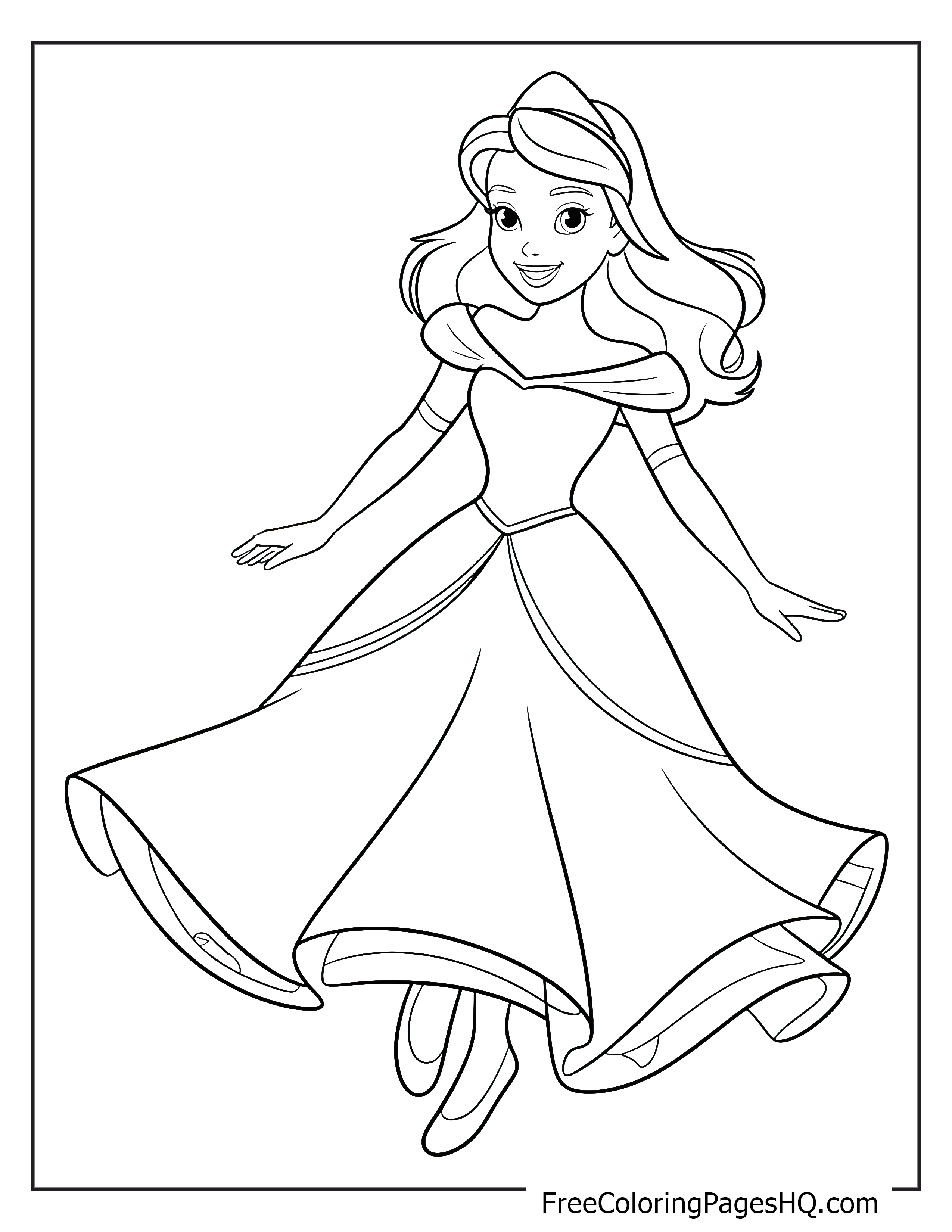 A princess twirling in her dress with a bright smile and flowing hair.