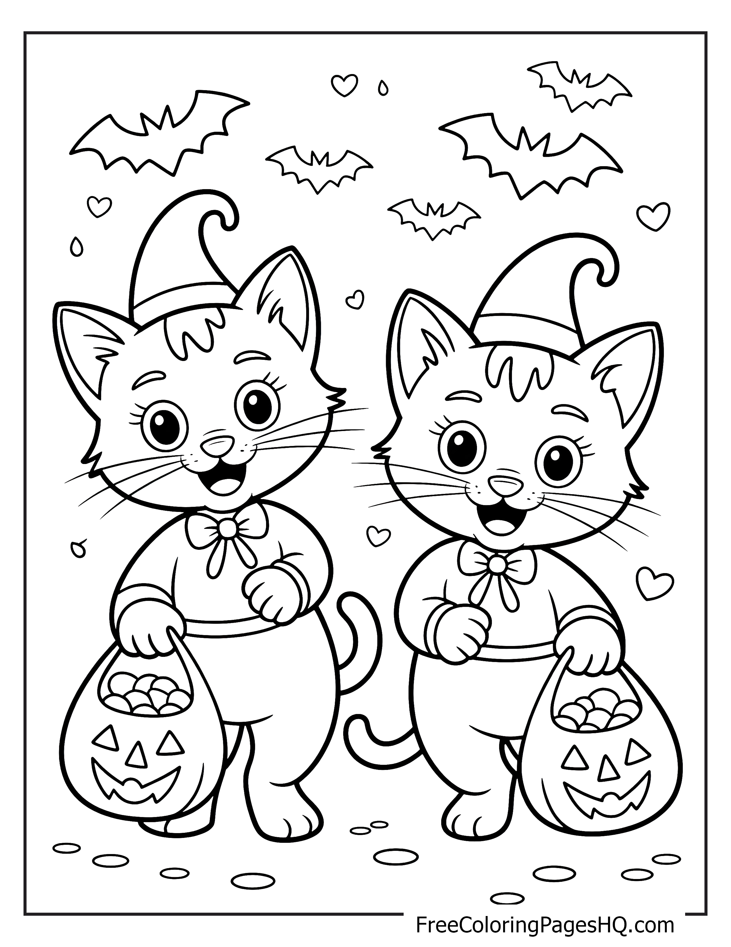 Cute cats with candy and bats in a Halloween setting.