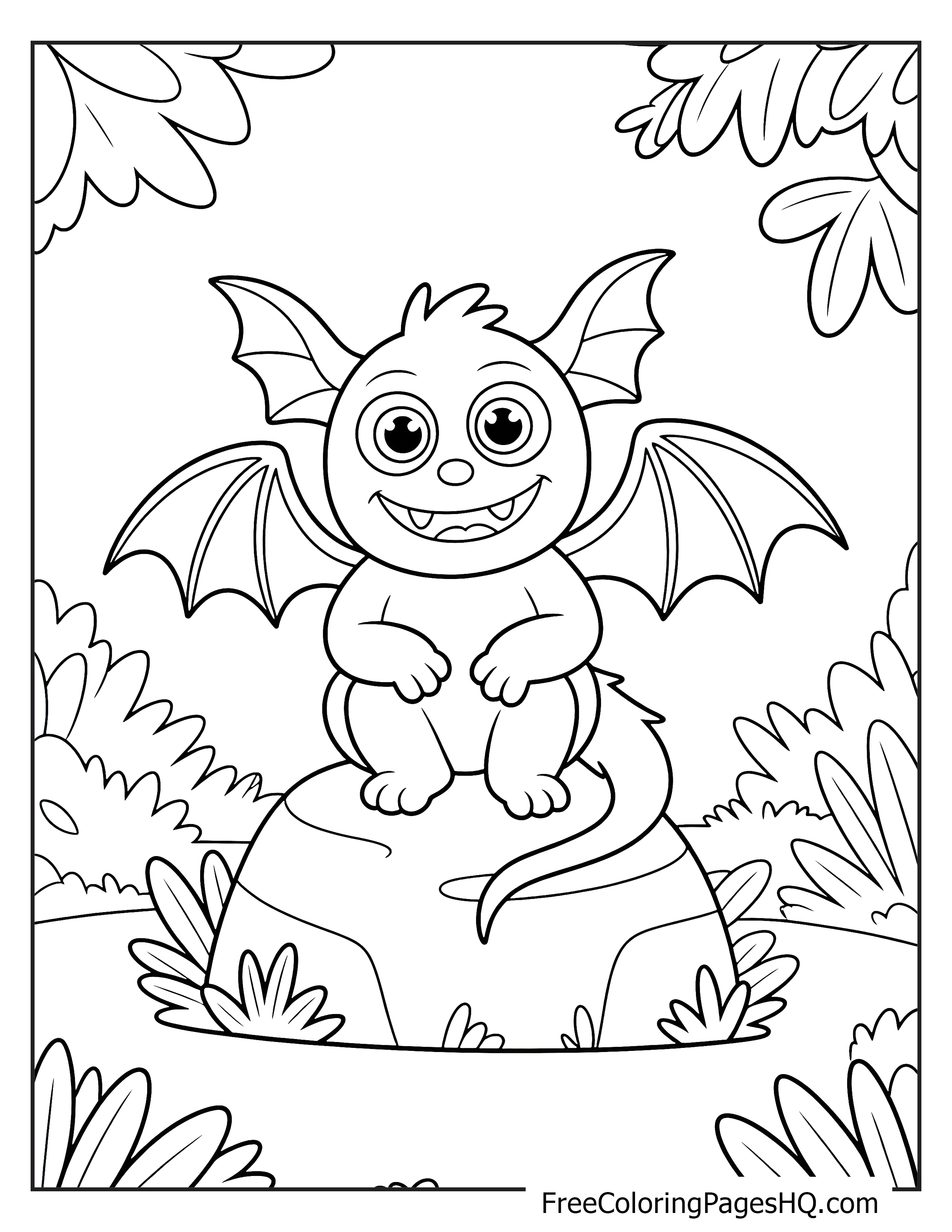 A cute baby bat with large eyes and wings sits on a rock in a forest setting.