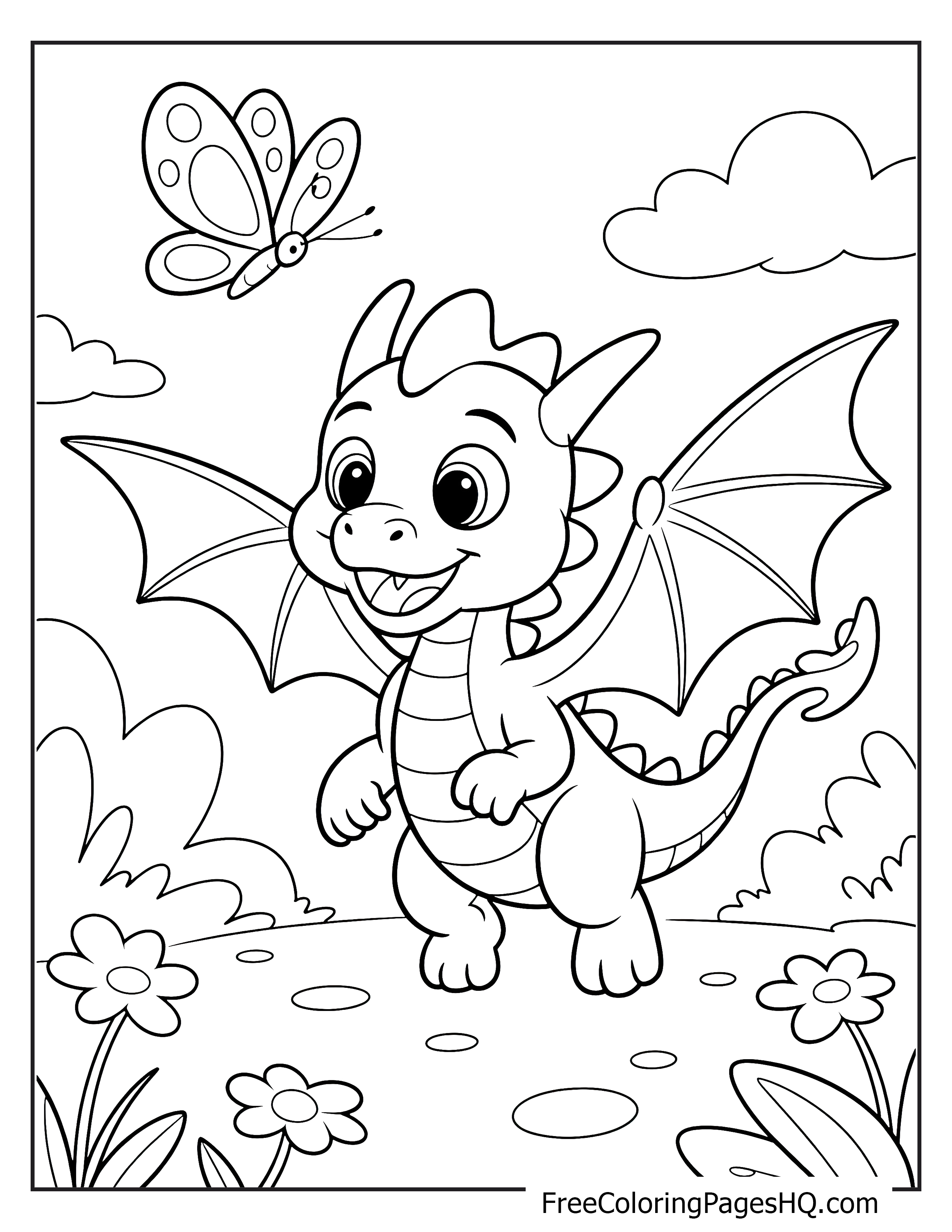 Baby dragon playing with a butterfly in a garden scene.