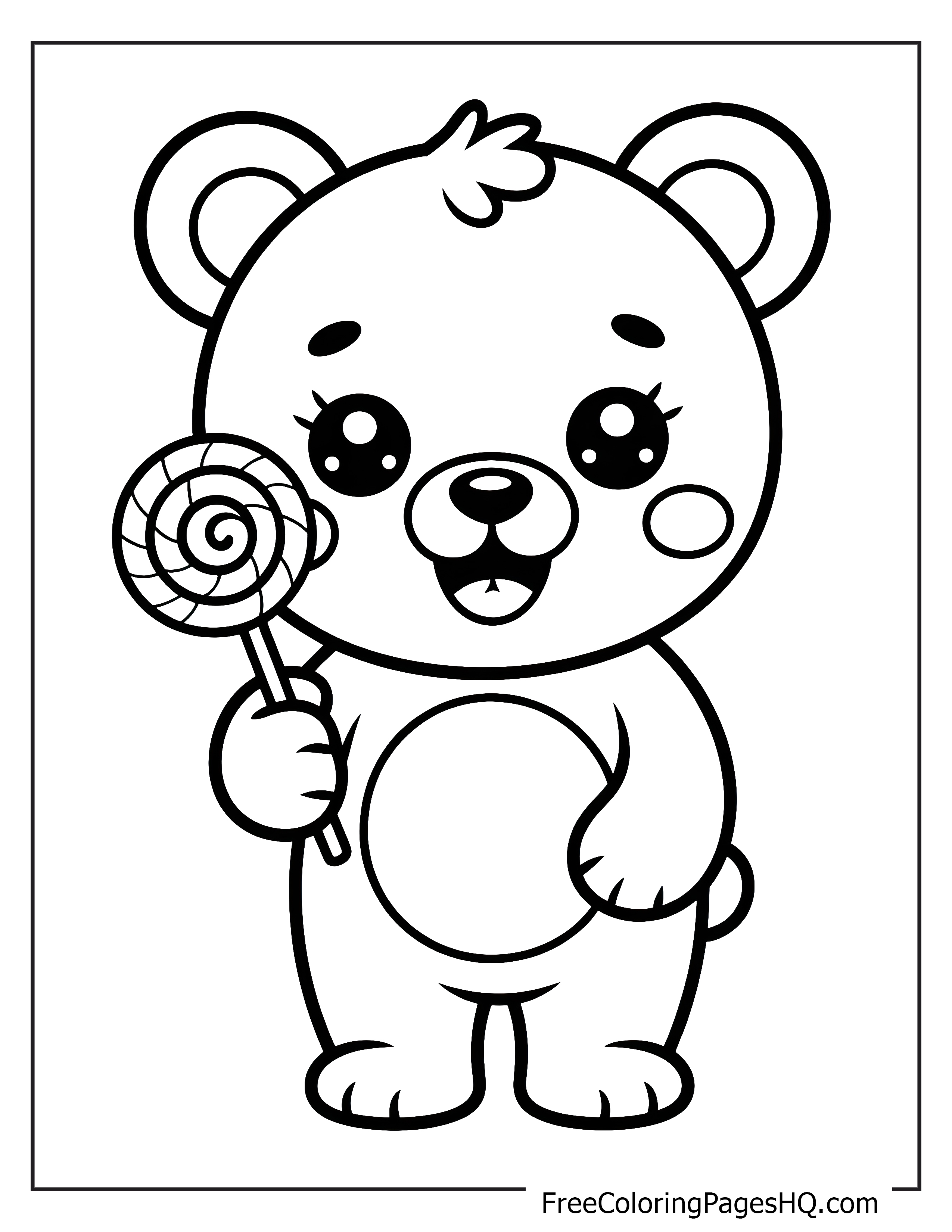 Cute bear holding a lollipop with a cheerful expression.