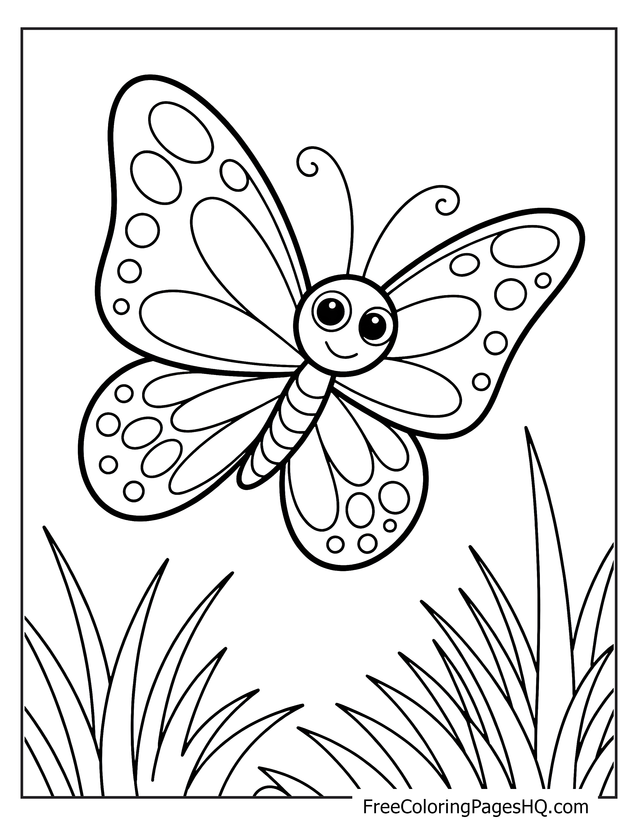 Smiling butterfly flying over grassy blades.