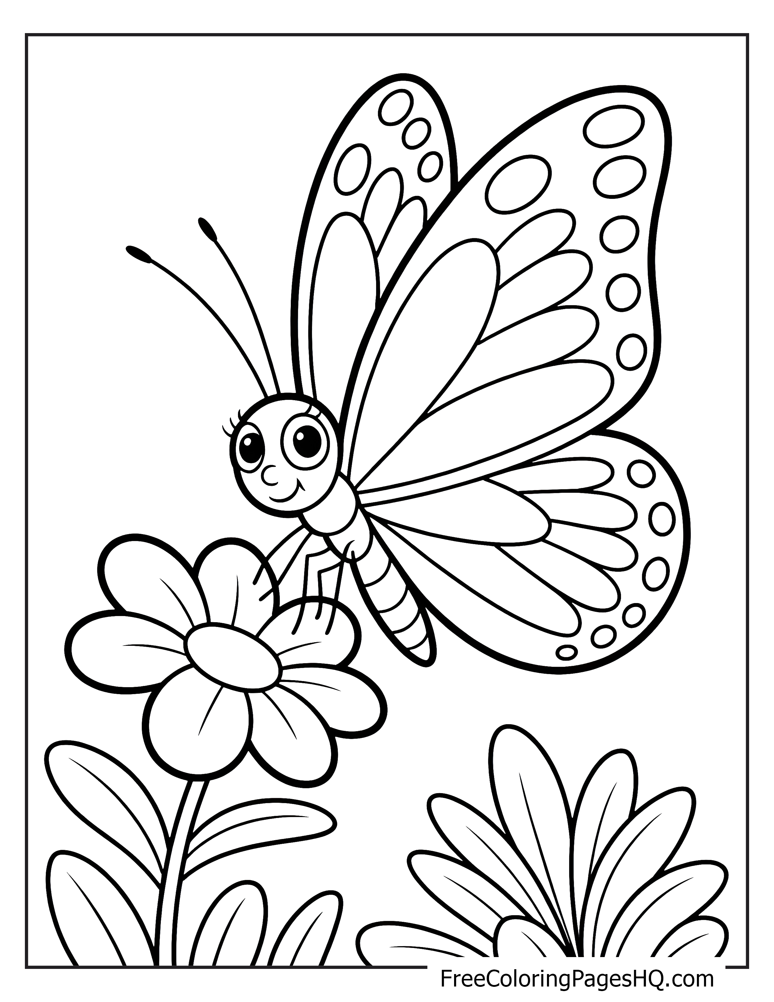 Illustration of a cheerful butterfly on a flower with leaves.