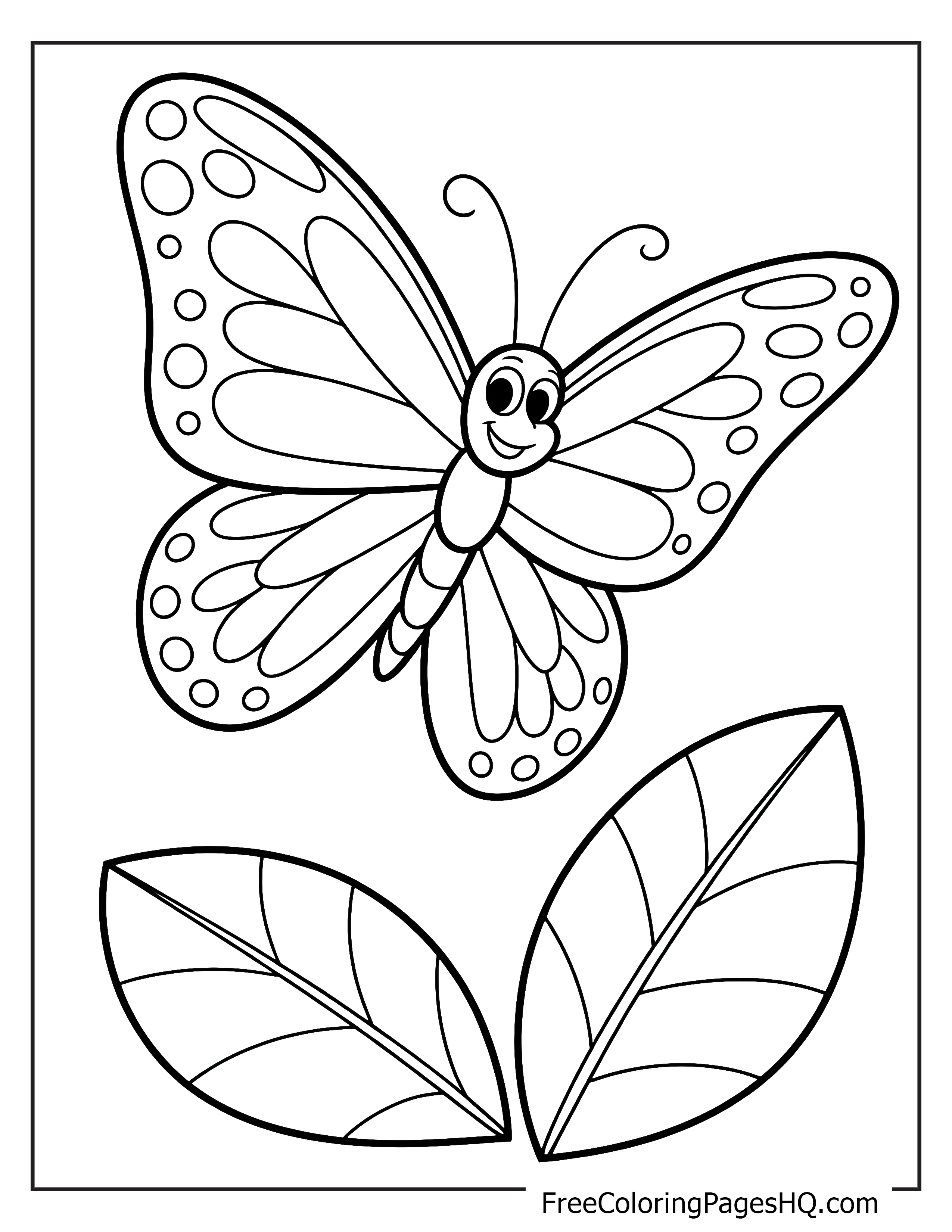 Illustration of a smiling butterfly and two leaves for kids.