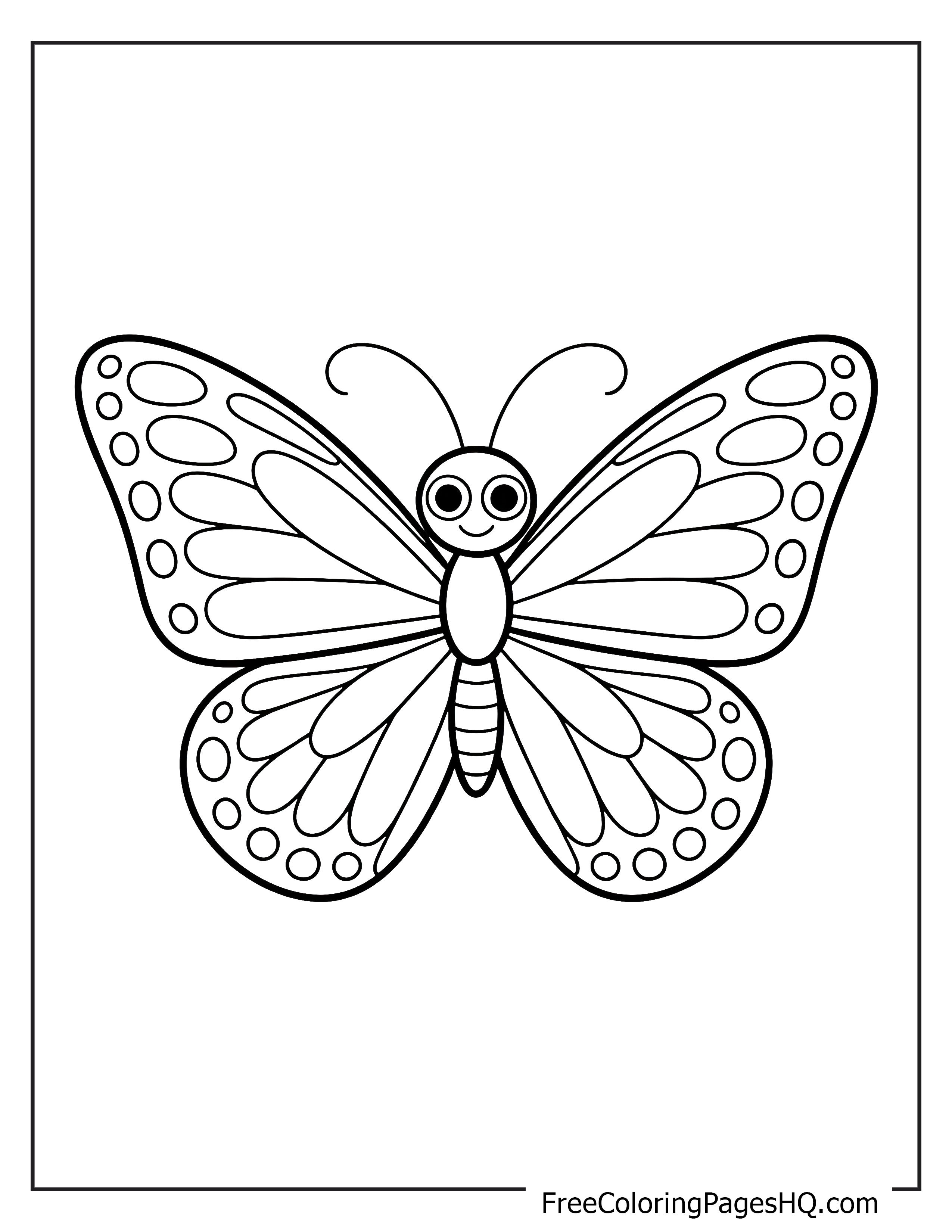 Smiling butterfly illustration with detailed wing patterns.