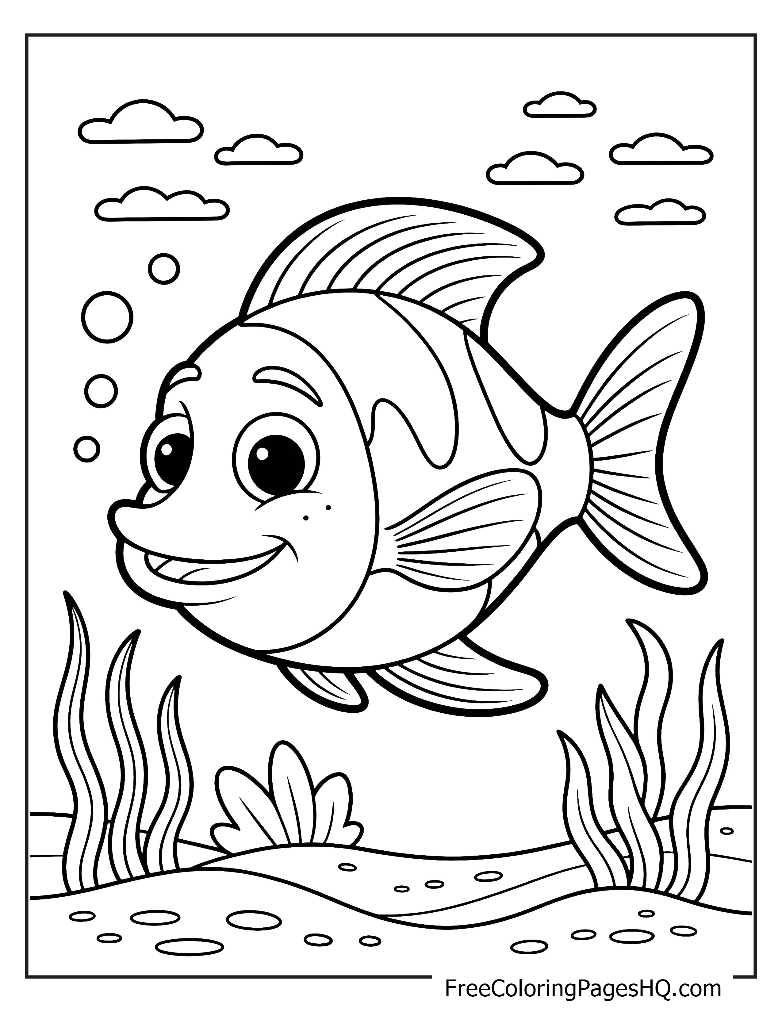 Smiling fish swimming in the ocean with seaweed.