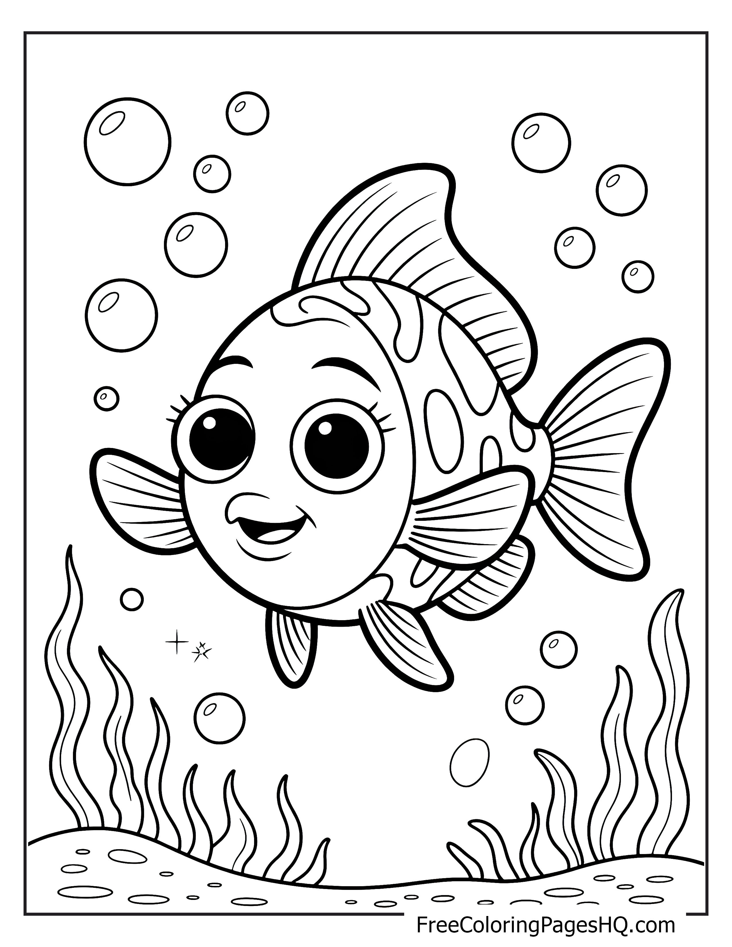 Happy fish swimming with bubbles and seaweed.