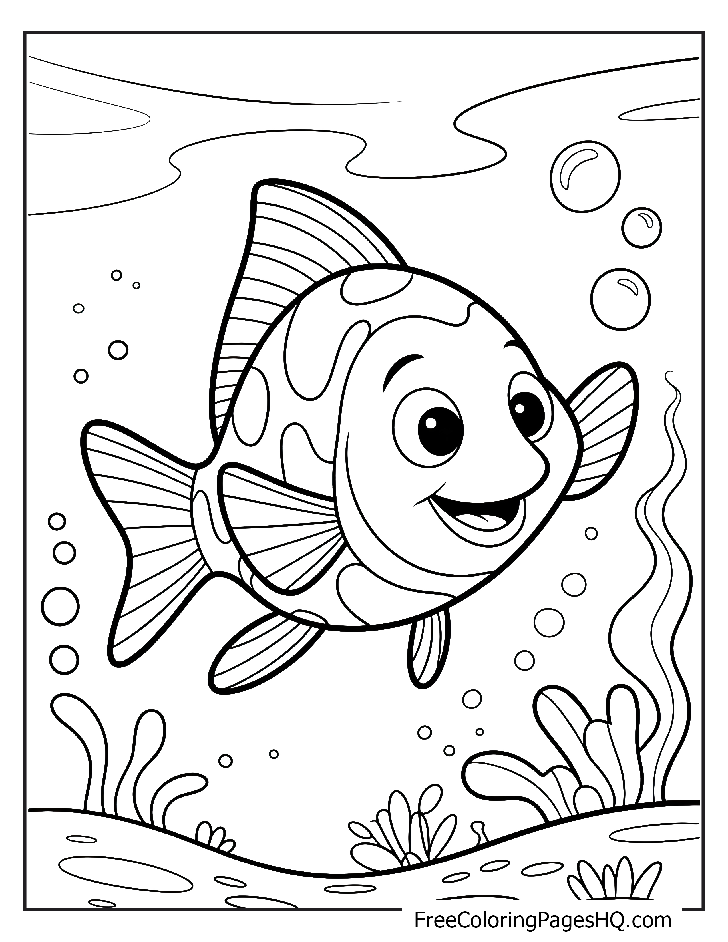 Smiling cartoon fish amidst bubbles and underwater plants.