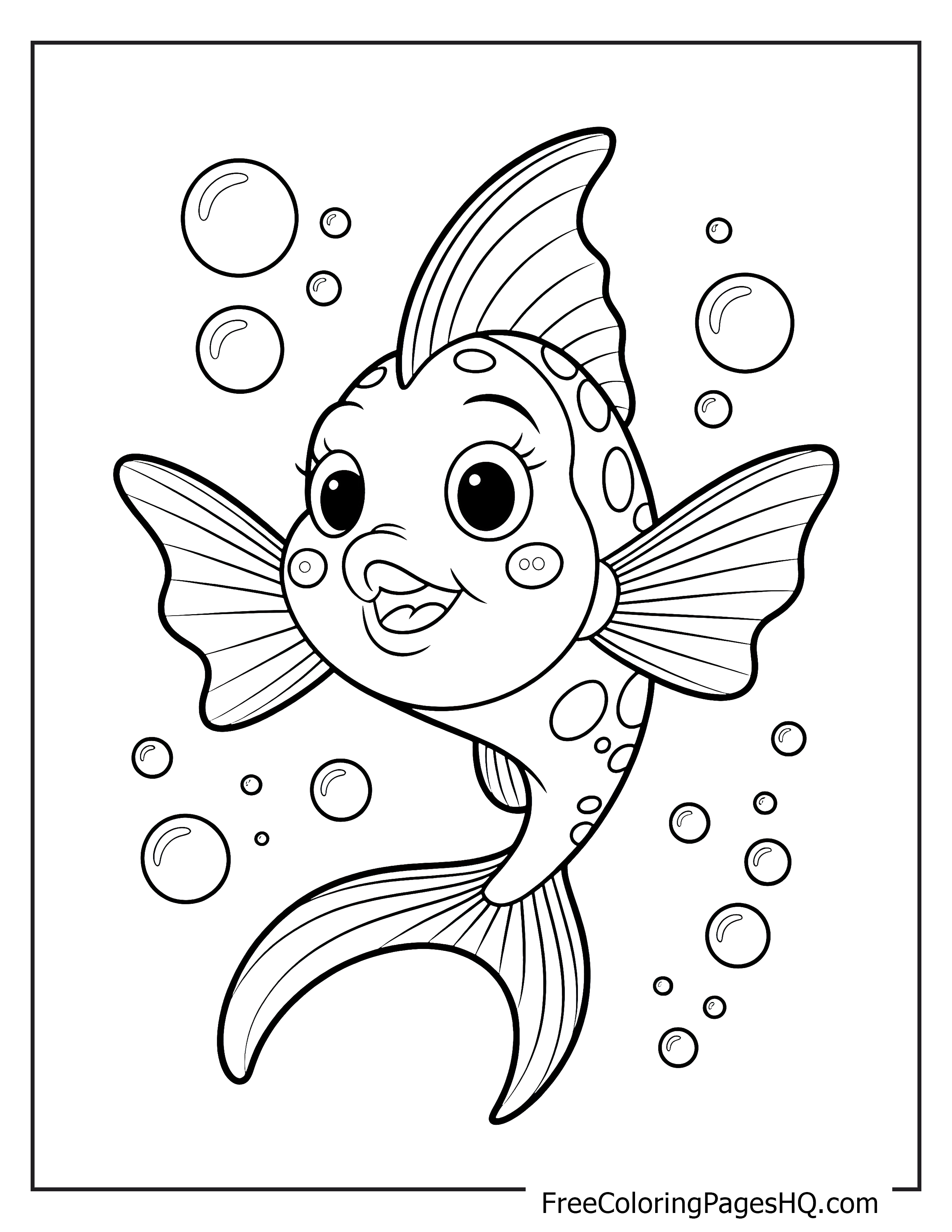Cheerful cartoon fish swimming with bubbles.