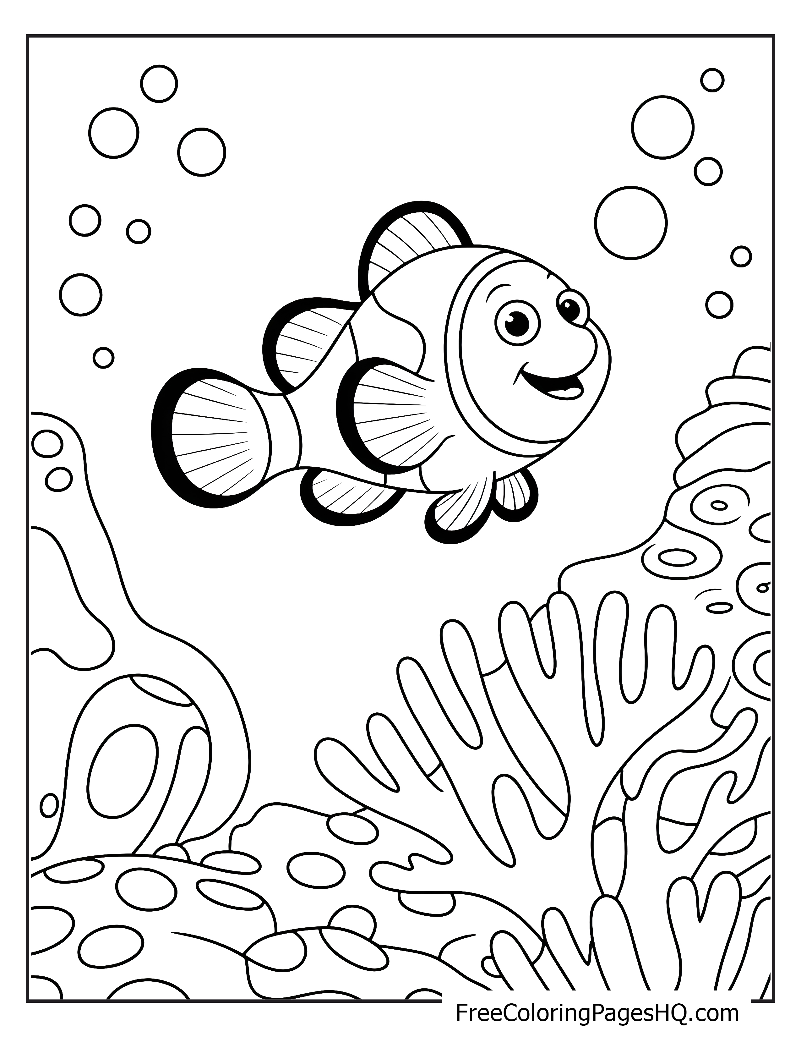 Illustration of a cheerful clownfish with coral and bubbles.