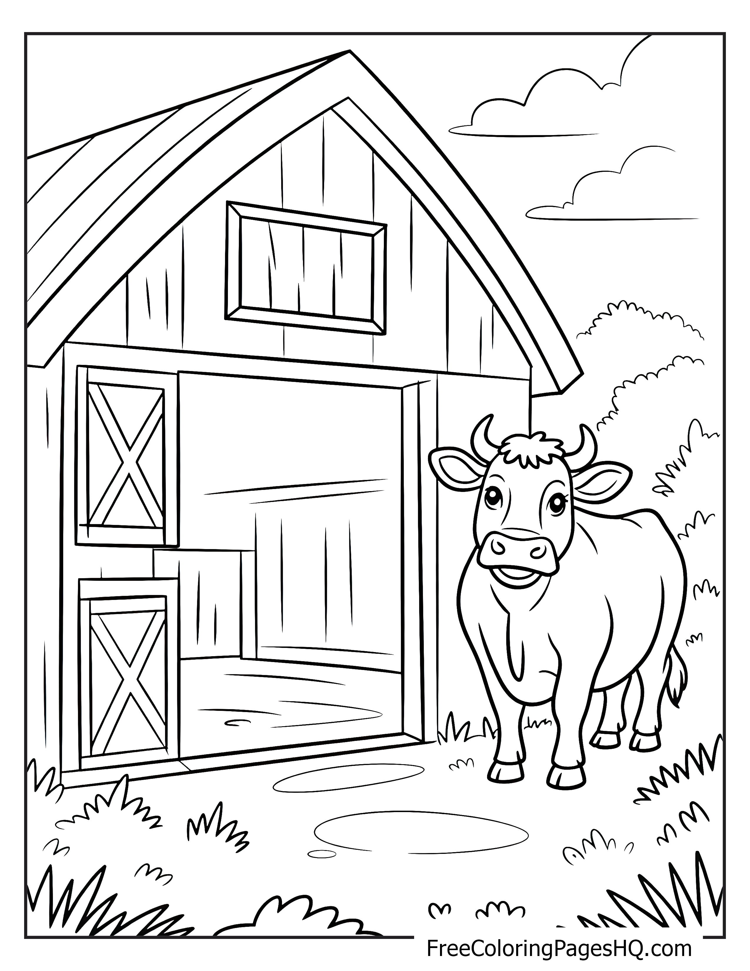 A cow stands happily beside a barn on a sunny day.