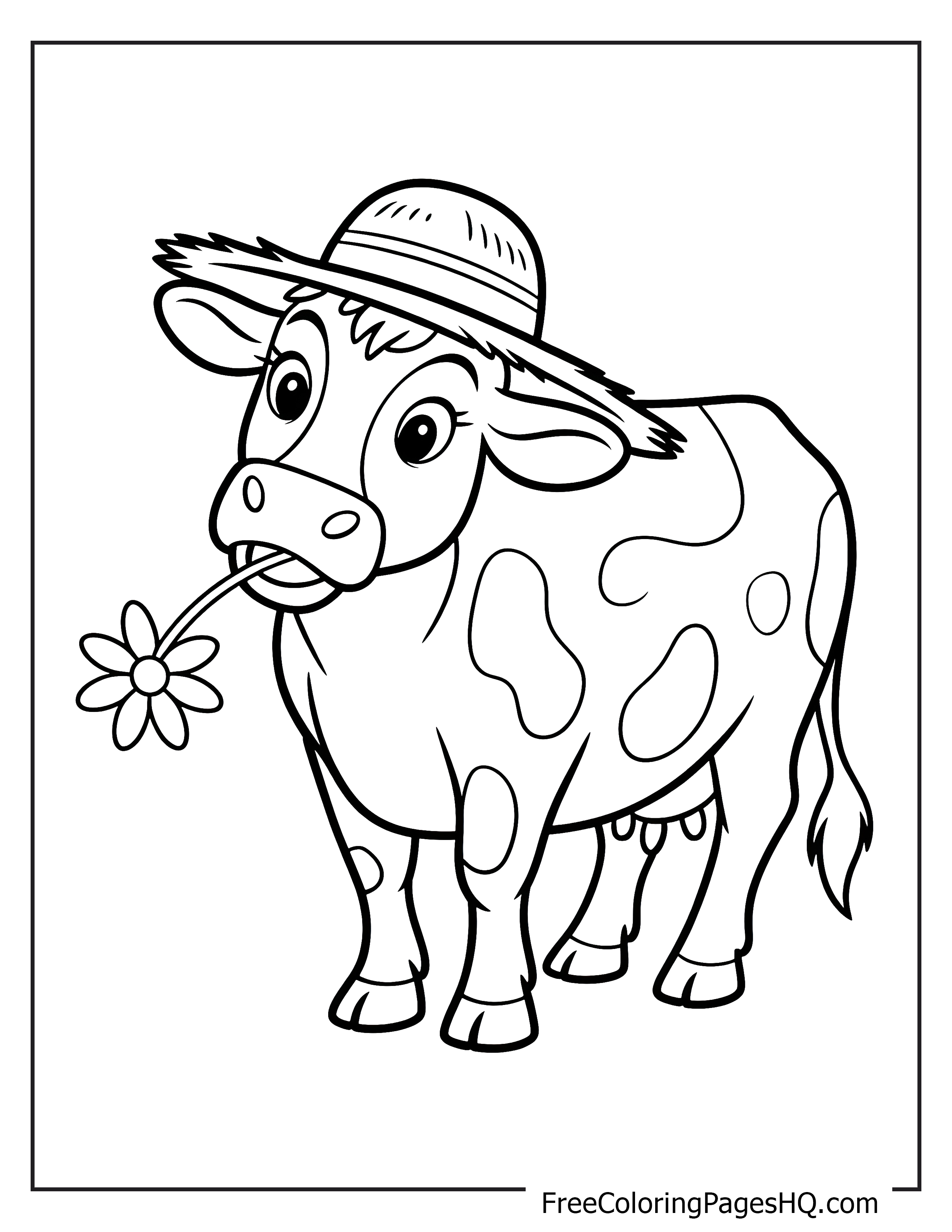 A cow with a straw hat, smiling with a daisy in its mouth.