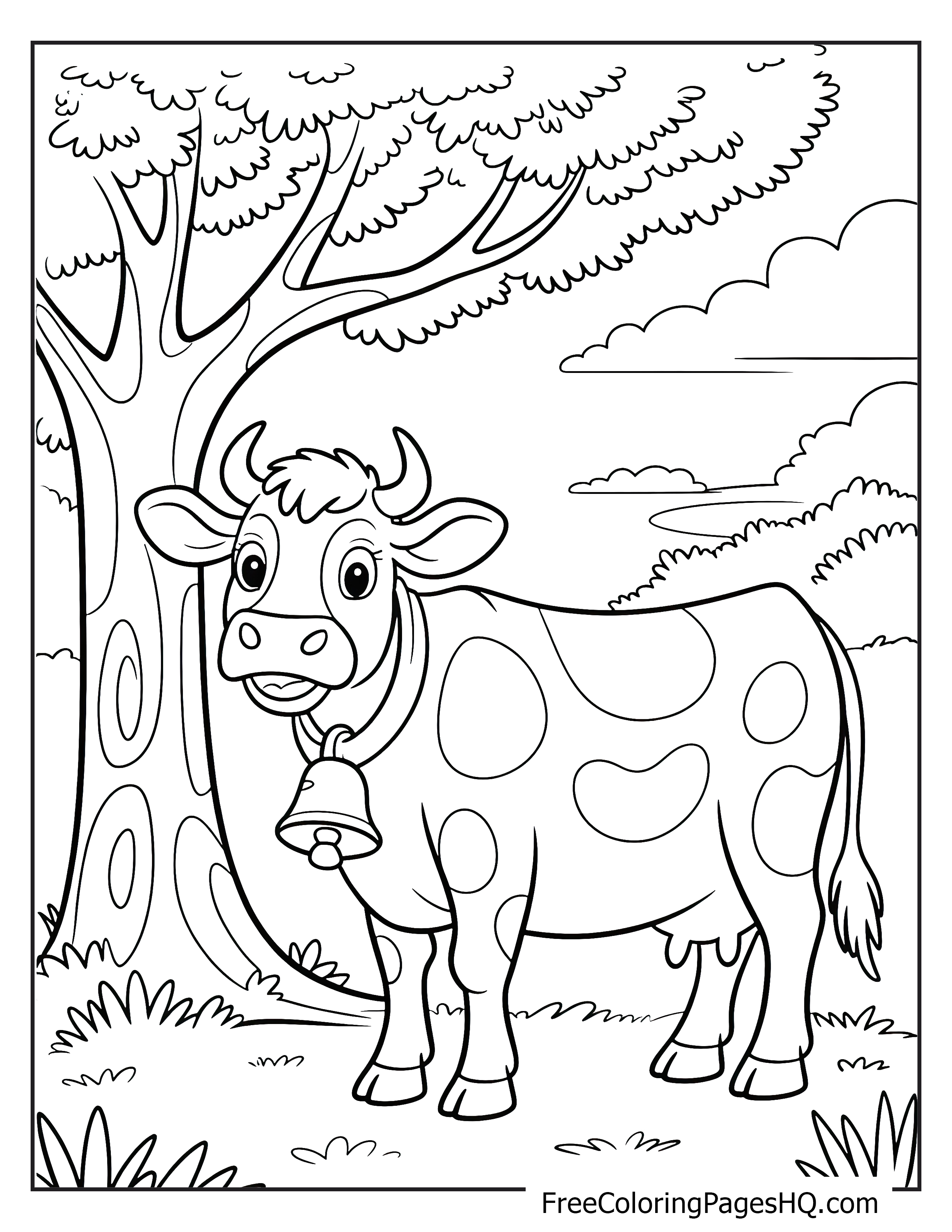 A cow with spots and a bell stands next to a tree in a field on a sunny day.