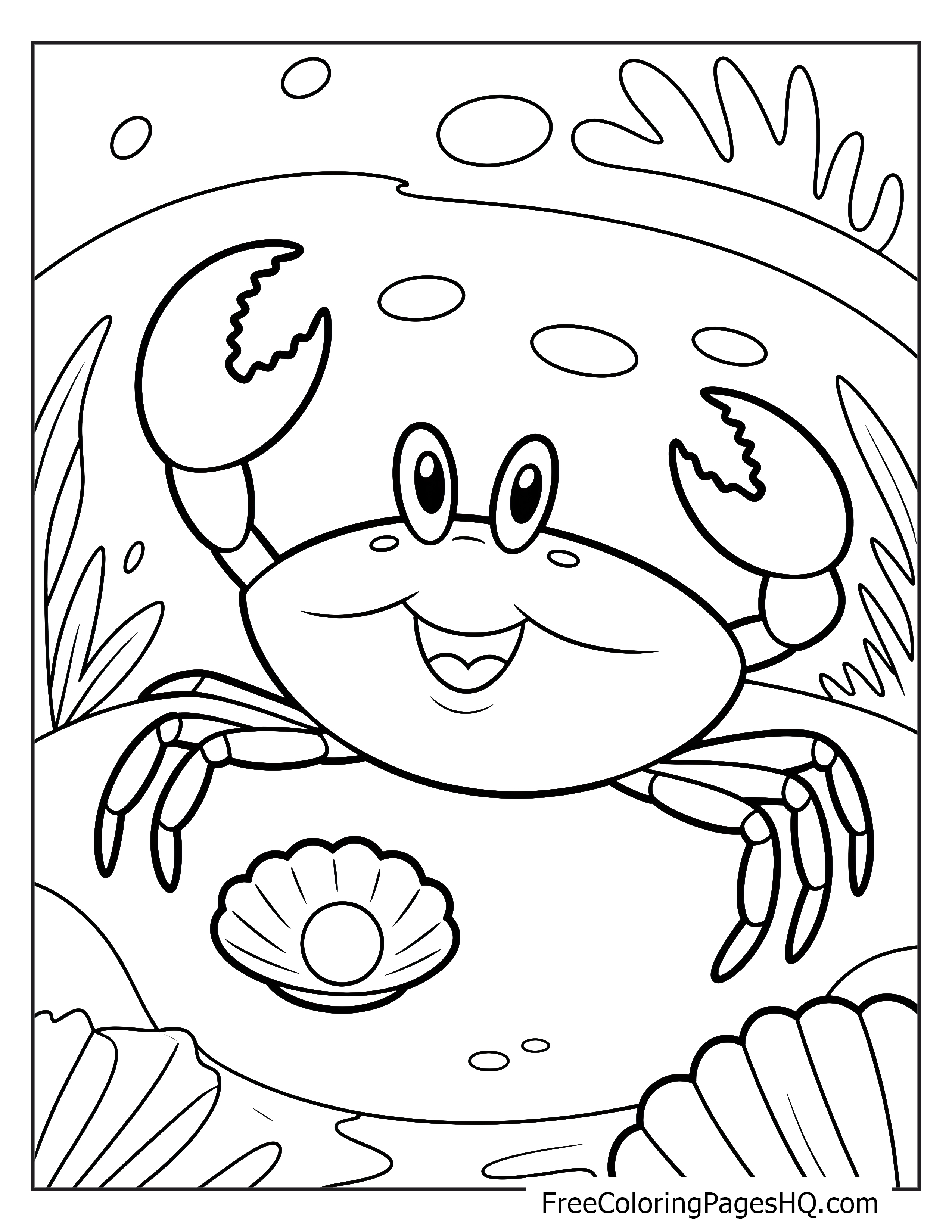 A smiling crab near seaweed and a shell with a pearl underwater.