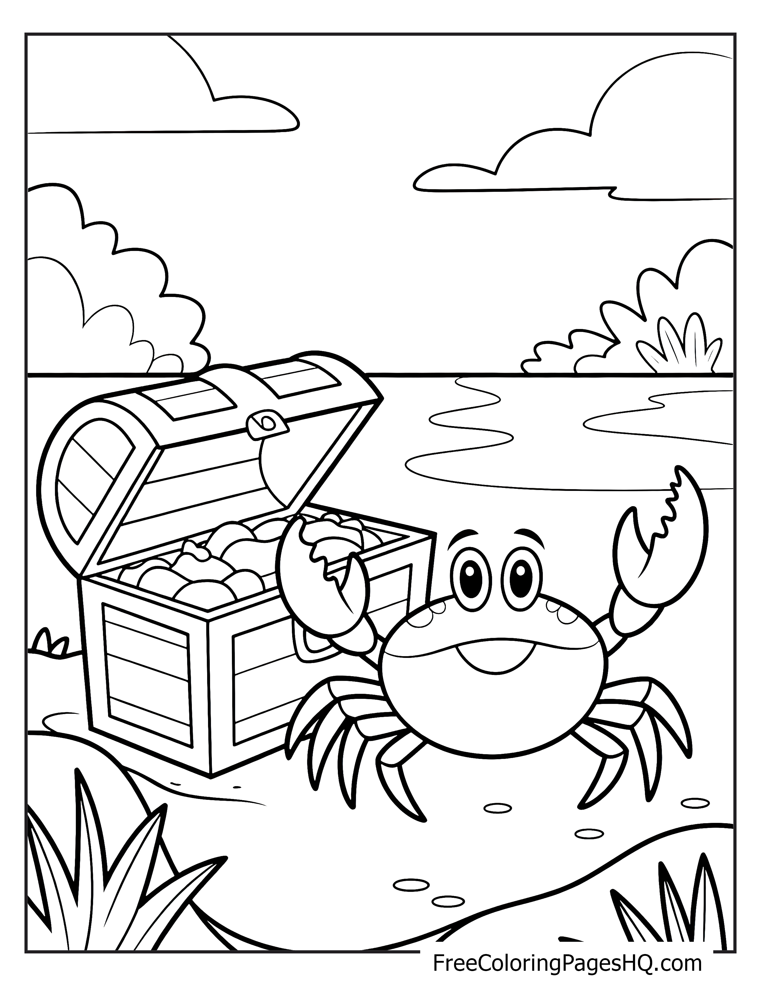 A smiling crab beside an open treasure chest full of jewels on the beach.