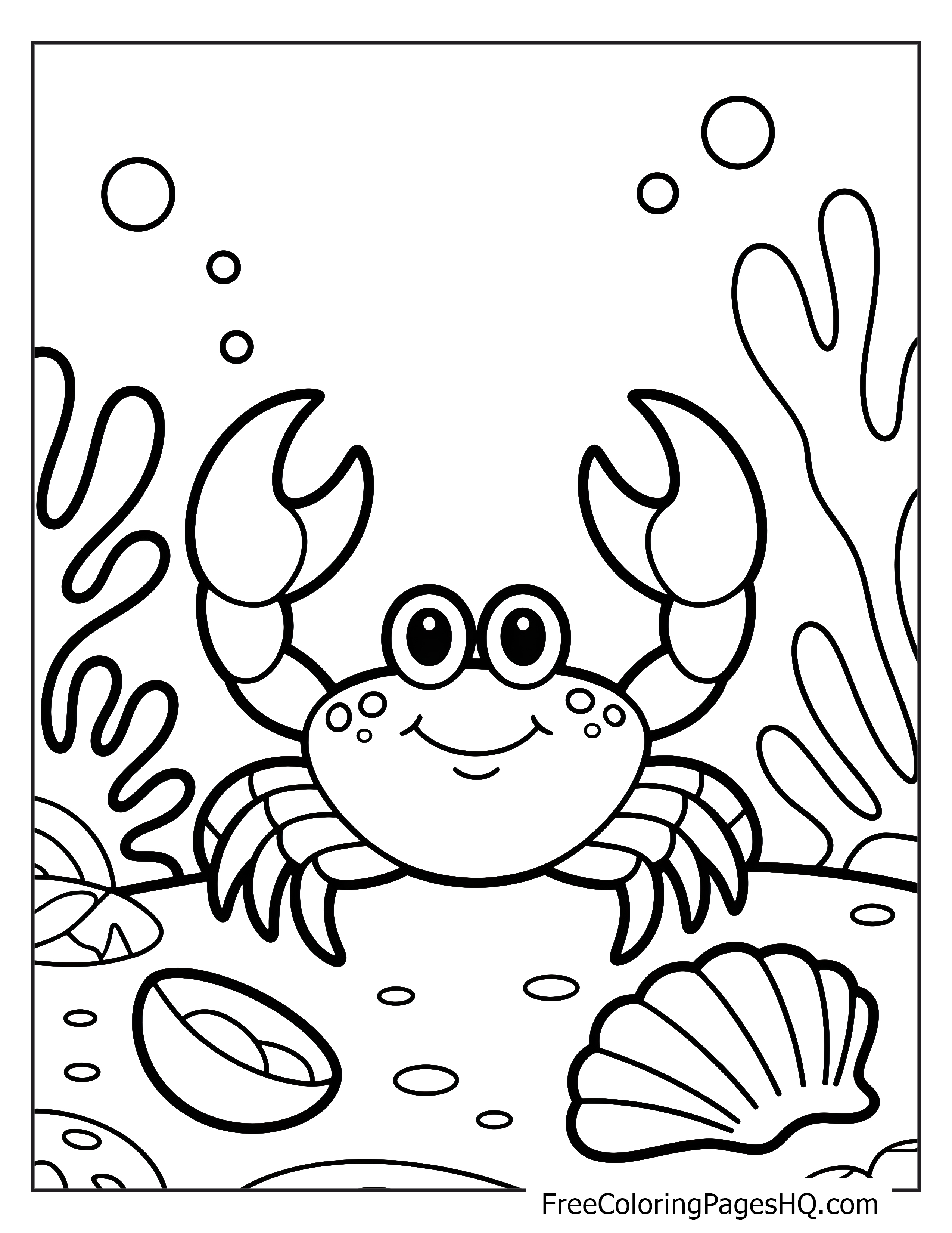 A happy crab with big eyes and raised claws sits among seashells and seaweed.