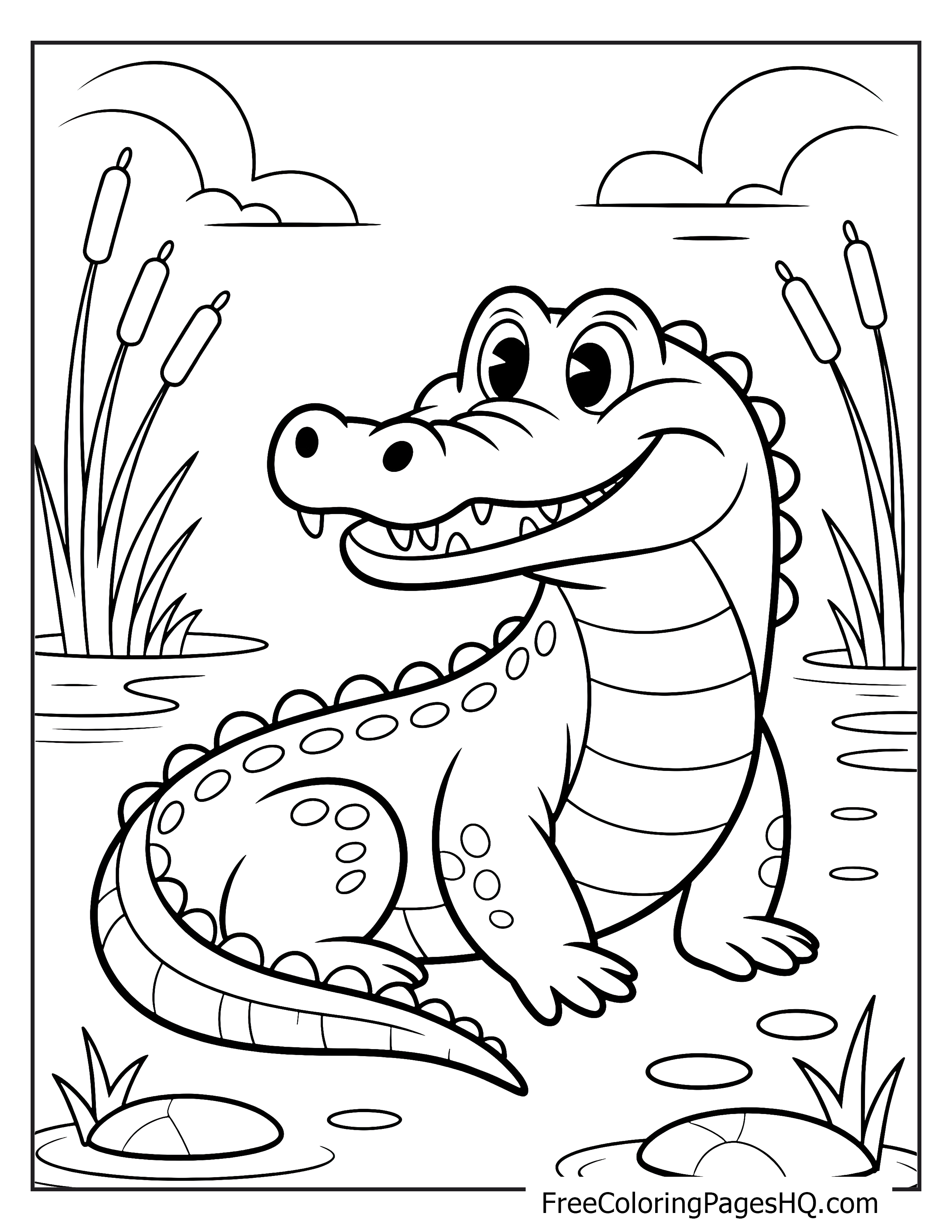 Smiling crocodile surrounded by cattails and clouds near a pond.