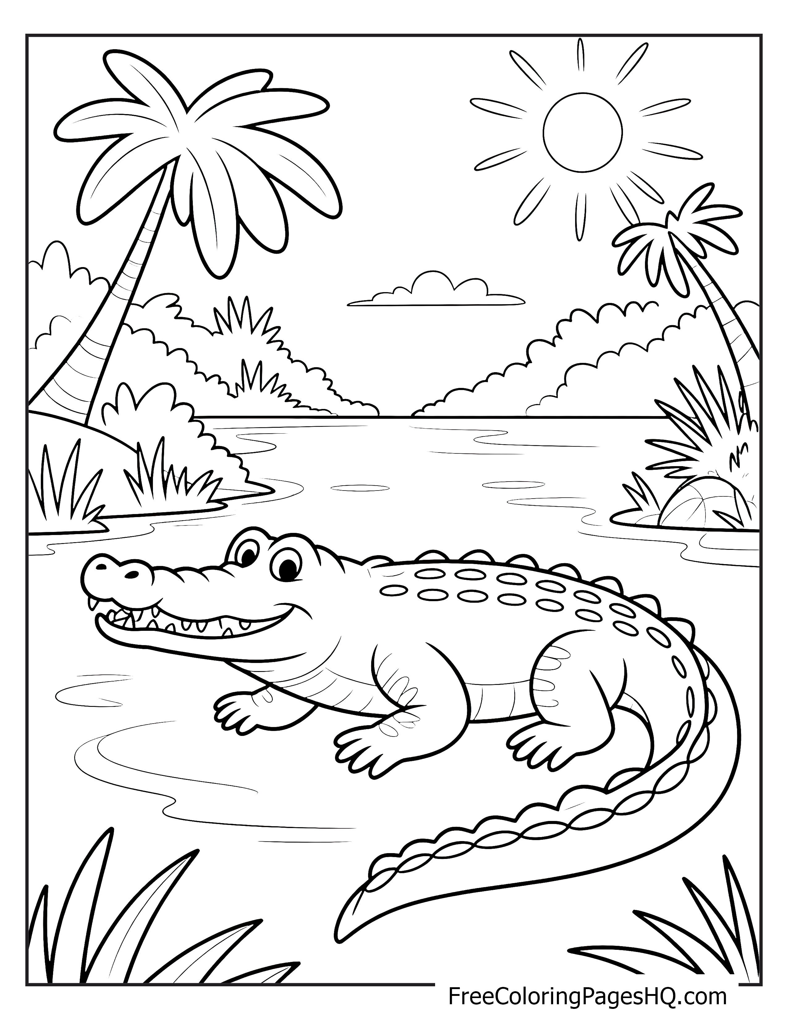 A smiling crocodile by a river with palm trees and a bright sun.