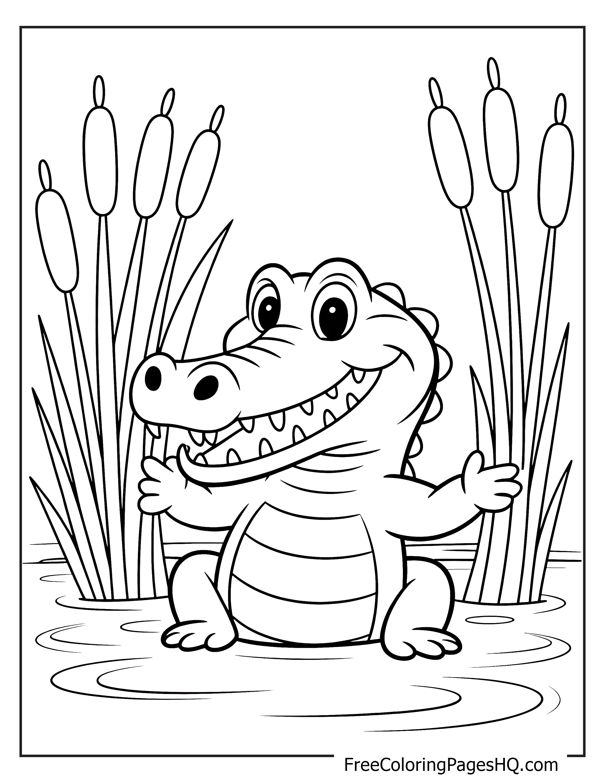 A cheerful crocodile waving with cattails around in a marsh setting.