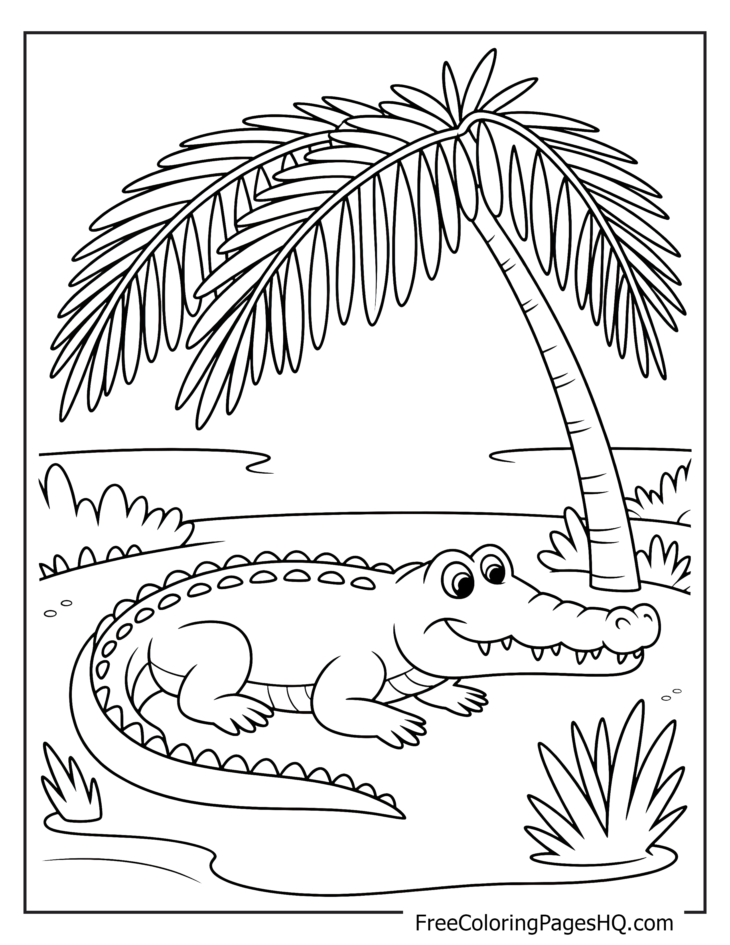 A crocodile sits contentedly under a palm tree beside a riverbank.